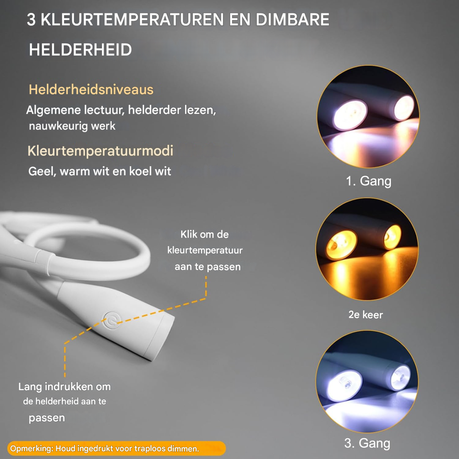 Ein weißes Nackenlicht mit drei Beleuchtungsmodi: kaltweiß, warmweiß und gelb.