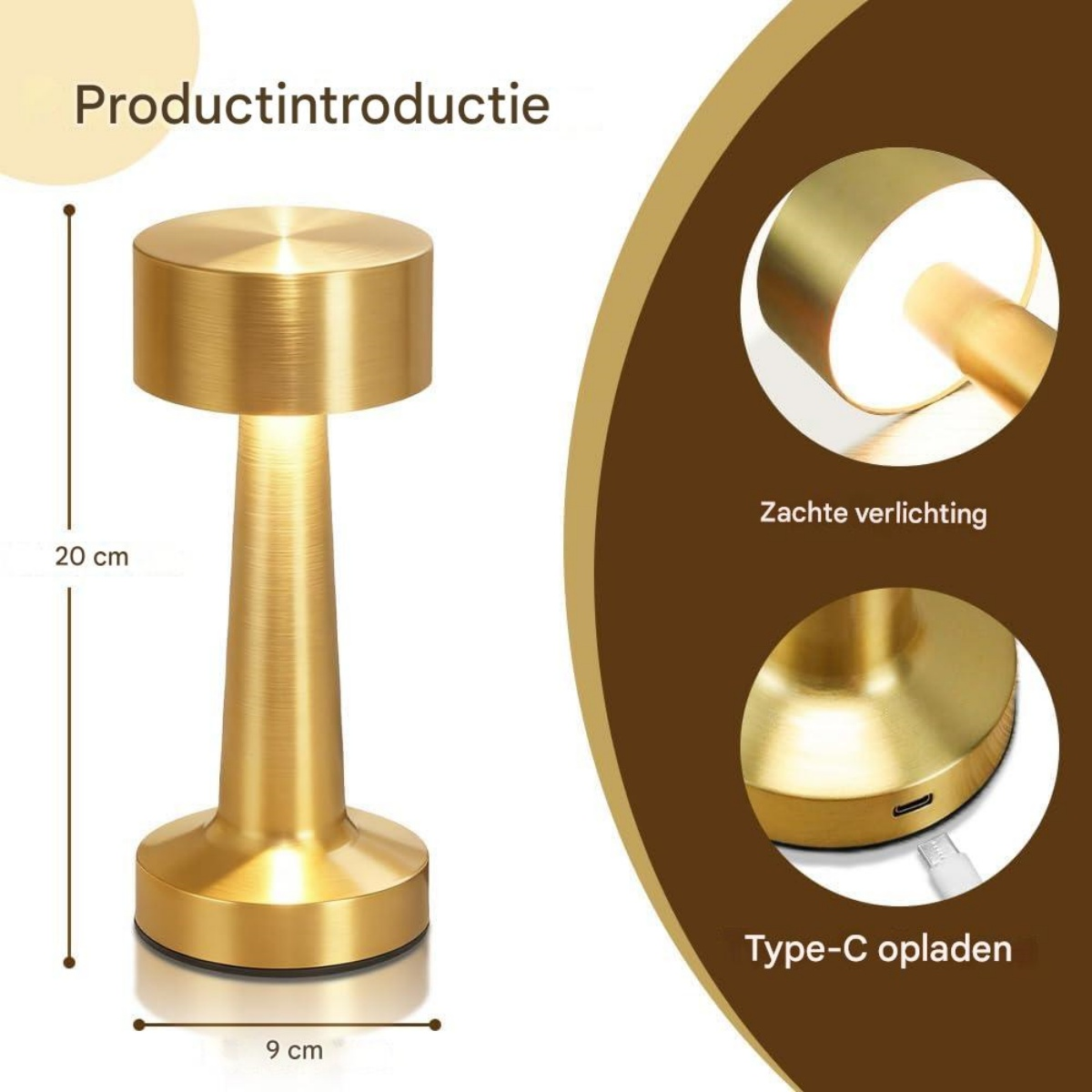 Goldene Tischlampe, 20 cm hoch, mit sanfter Beleuchtung und USB-C-Ladeanschluss.