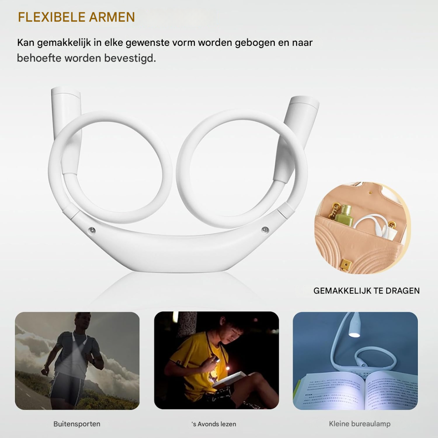 Ein weißes Nacklicht mit flexiblen Armen, das zum Laufen, Lesen und als Schreibtischlampe dient.
