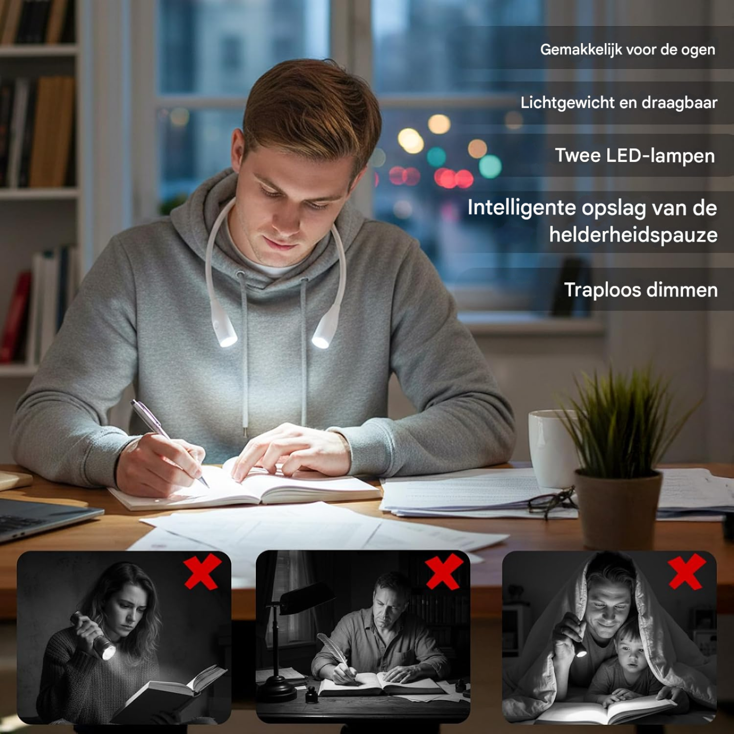 Mann mit Nackenlampe schreibt bei Nacht. Texte nebenan.