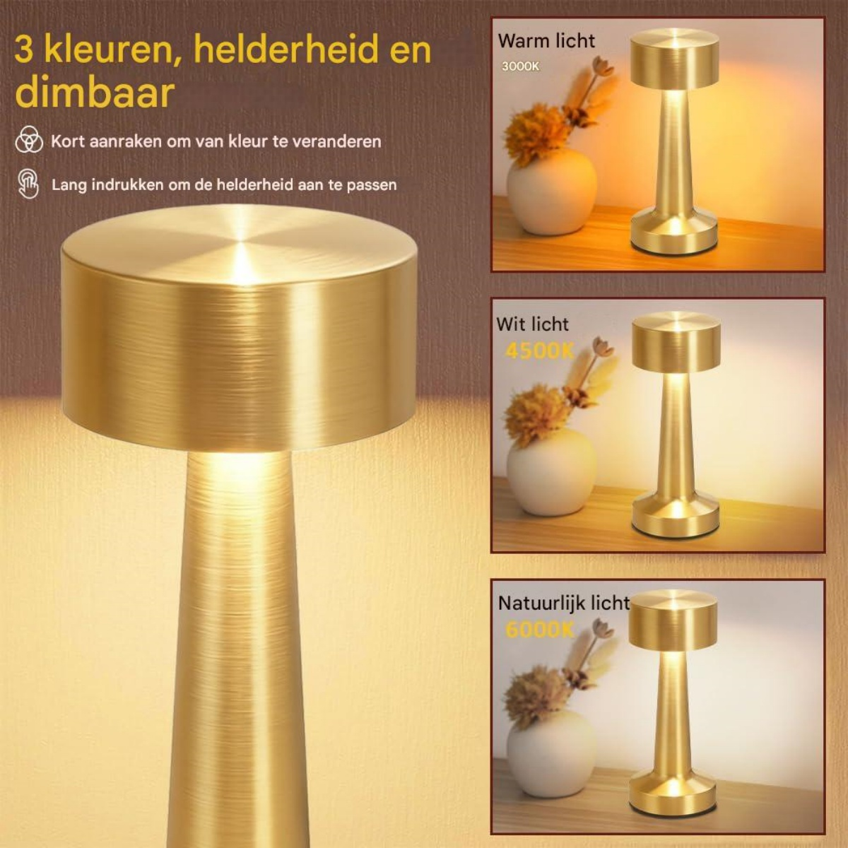 Goldene Lampe mit einstellbarer Lichtfarbe und Helligkeit. Zeigt warme, weiße und natürliche Lichteinstellungen.