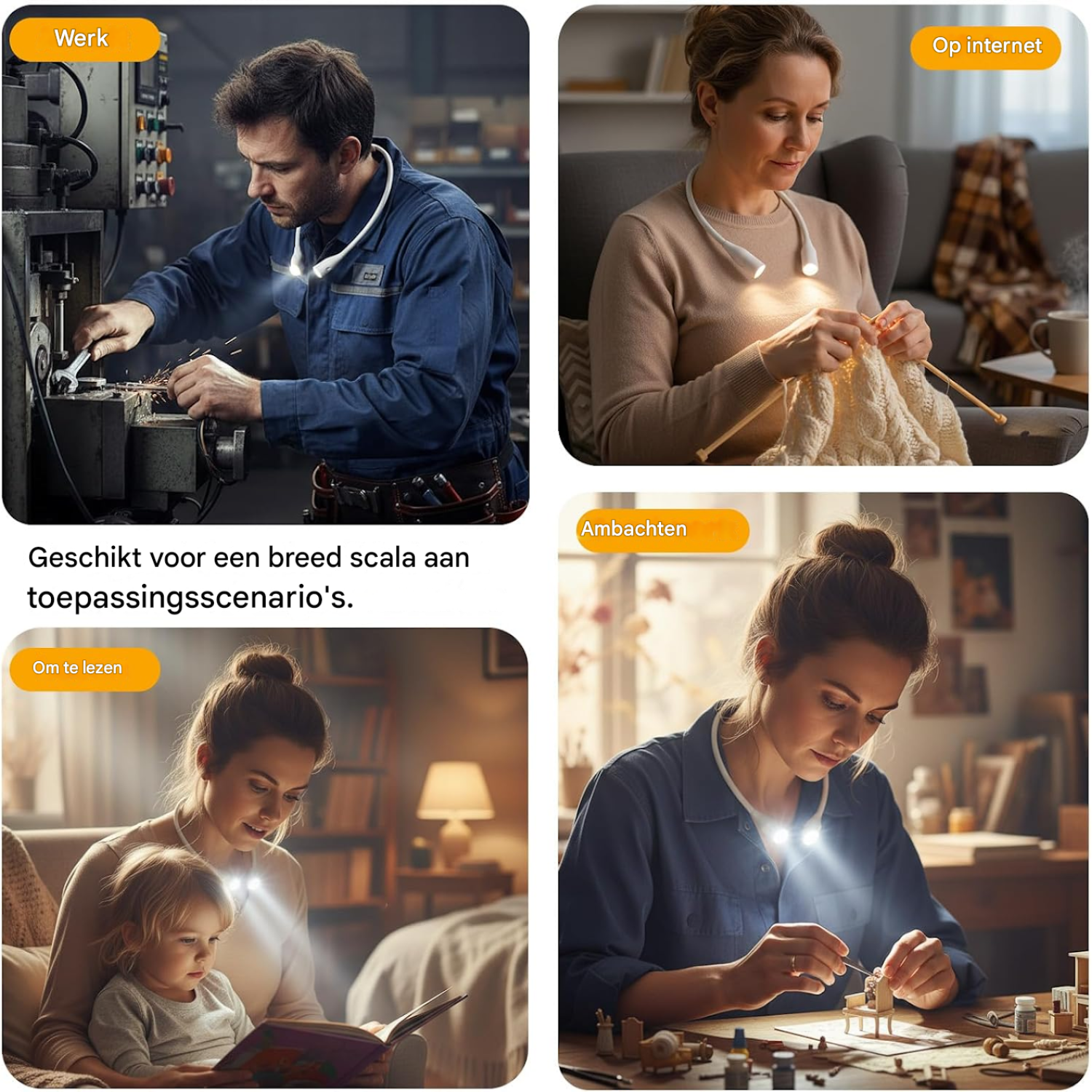 Ein Mann arbeitet an einer Maschine, eine Frau strickt, eine Mutter liest Kind, eine Frau bastelt.