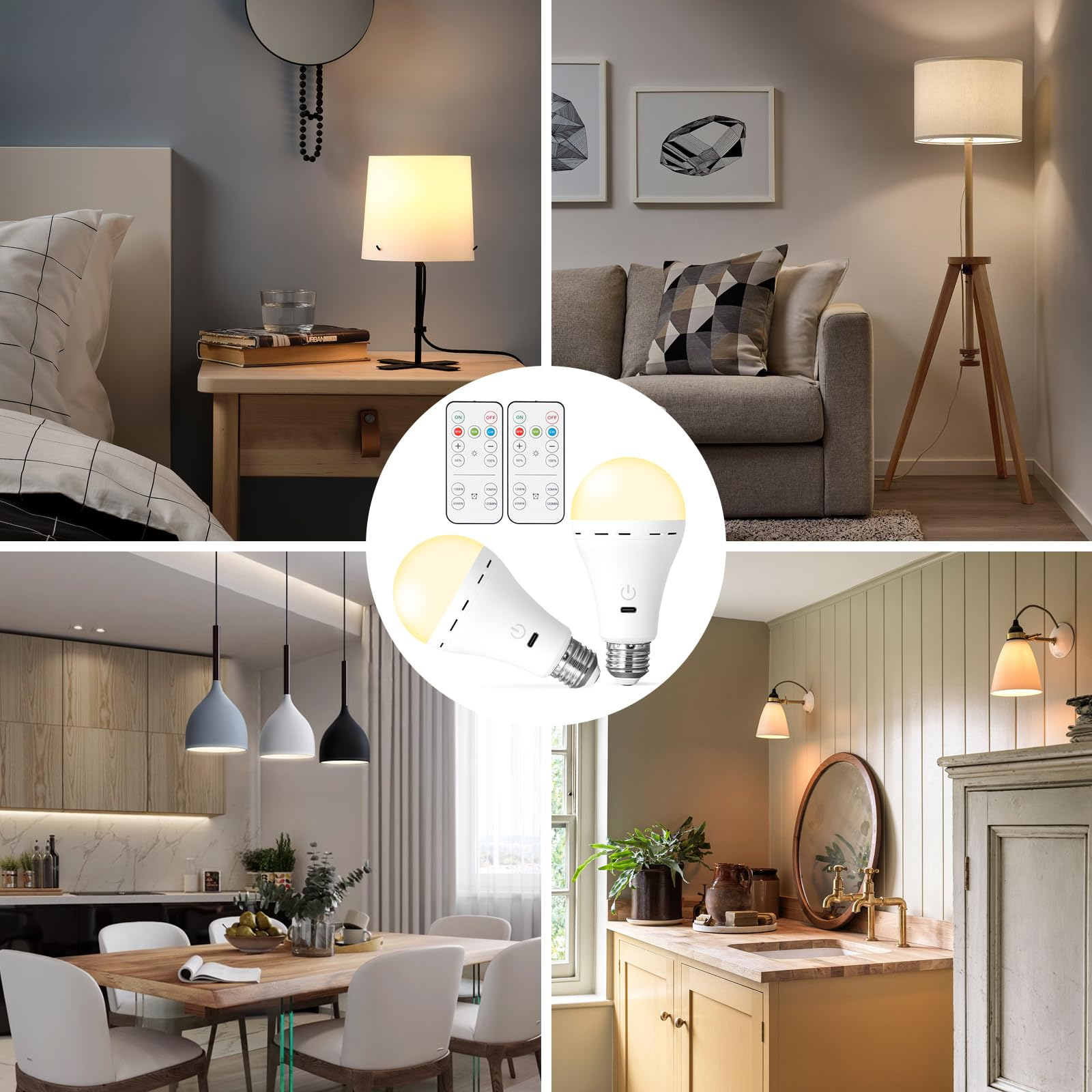 Collage aus vier Szenen: Nachttischlampe, Wohnzimmer mit Stehlampe, Esszimmer und Badezimmerwaschtisch.
