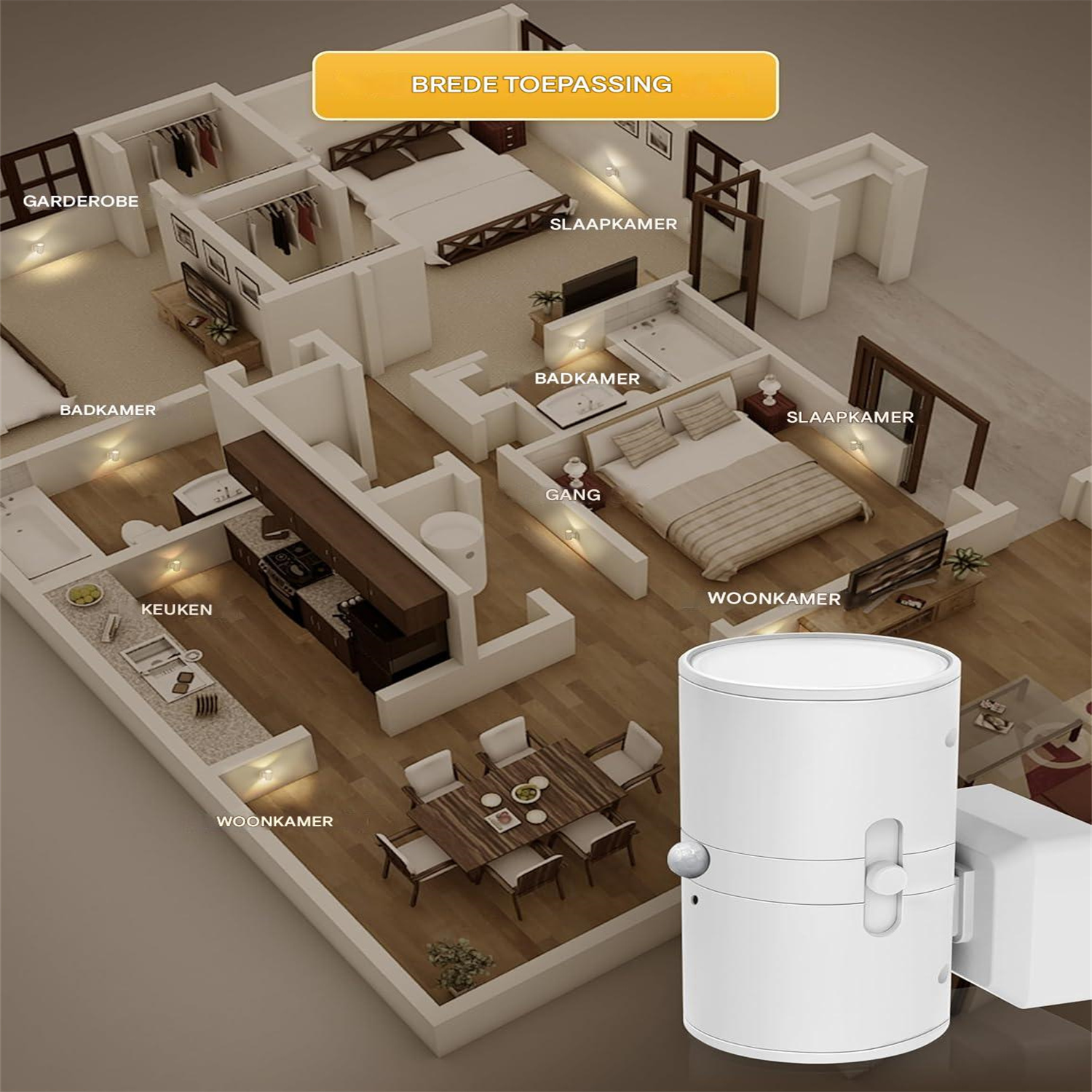 Grundriss eines modernen Apartments mit Schlafzimmern, Bad, Küche und Wohnzimmer.