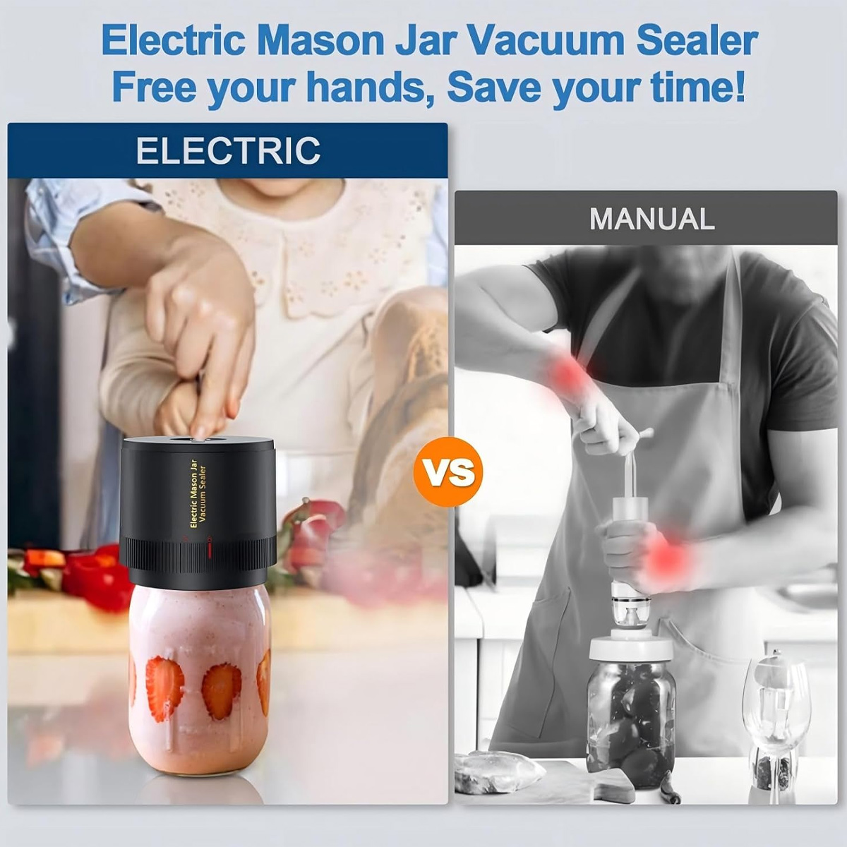 Vergleich von elektrischem und manuellem Vakuumierer für Einmachgläser mit Erdbeeren und Fleisch.