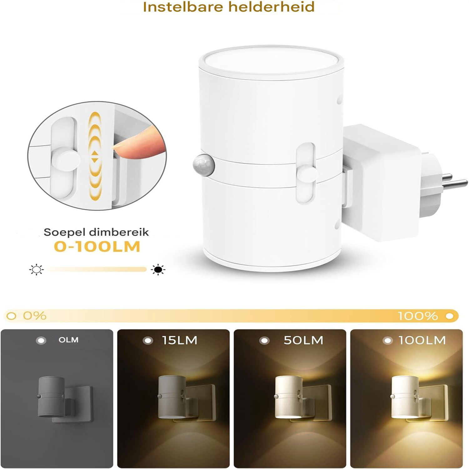 Ein weißer Stecker mit einstellbarer Helligkeit von 0-100LM.