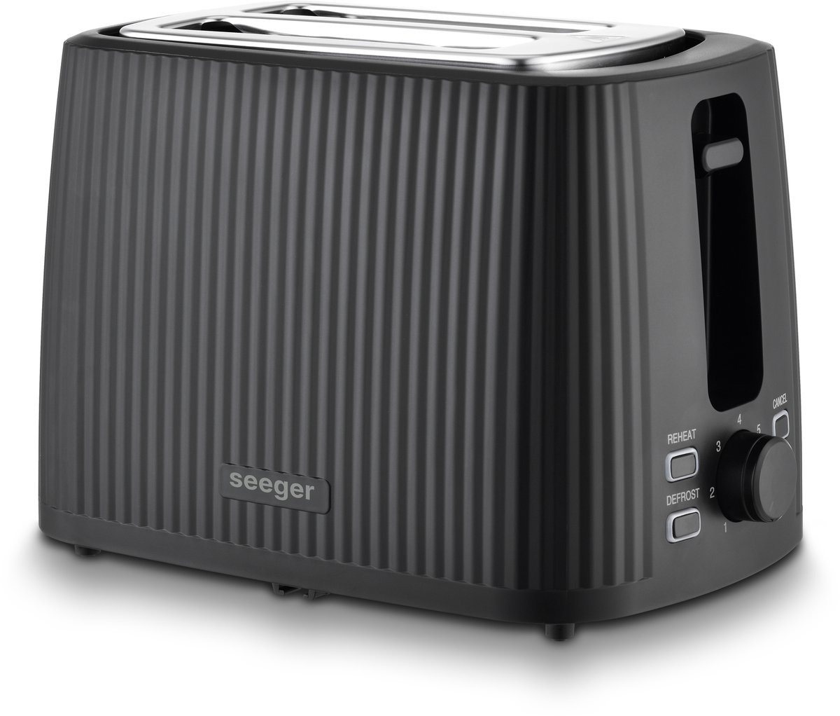 A modern, ribbed, dark gray toaster with chrome slots and control buttons.