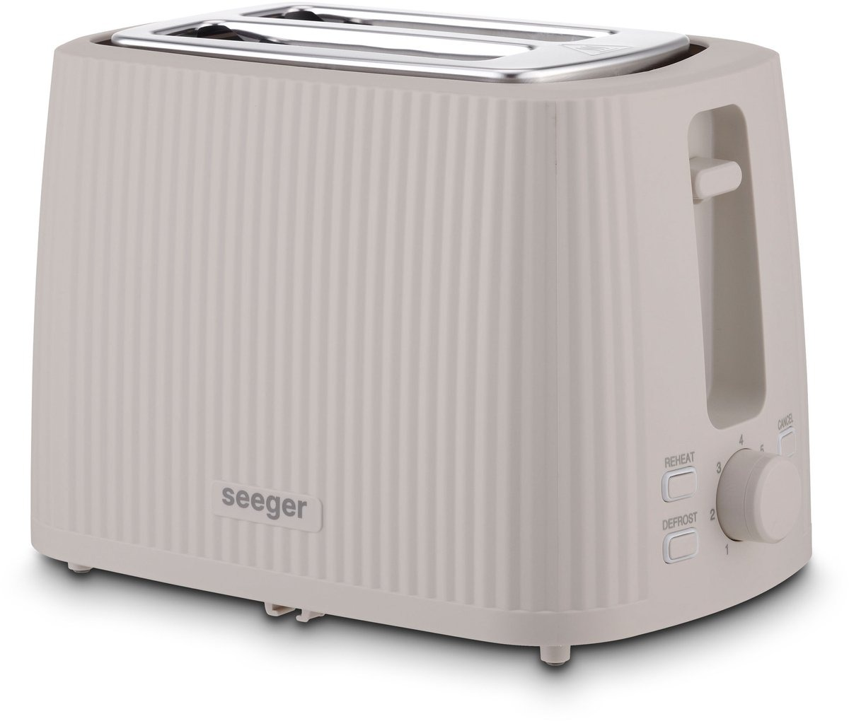 Un grille-pain beige côtelé avec des fentes sur le dessus et un levier sur le côté.