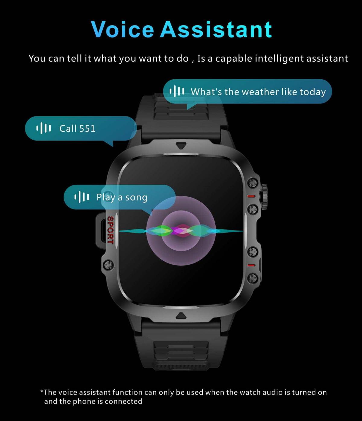 Schwarze Smartwatch mit Sprachassistent-Symbolen für Anrufe, Musik und Wetter.
