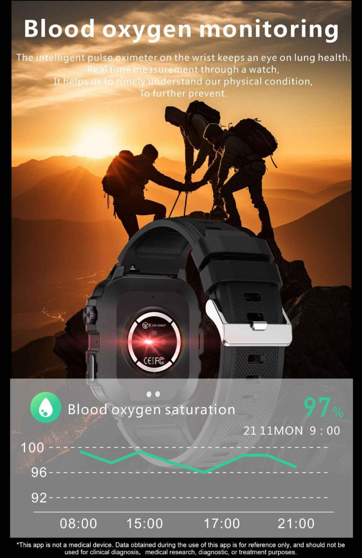 Smartwatch zeigt Blutsauerstoffsättigungsdiagramm mit 97% an. Wanderer steigen bei Sonnenuntergang auf Berg.