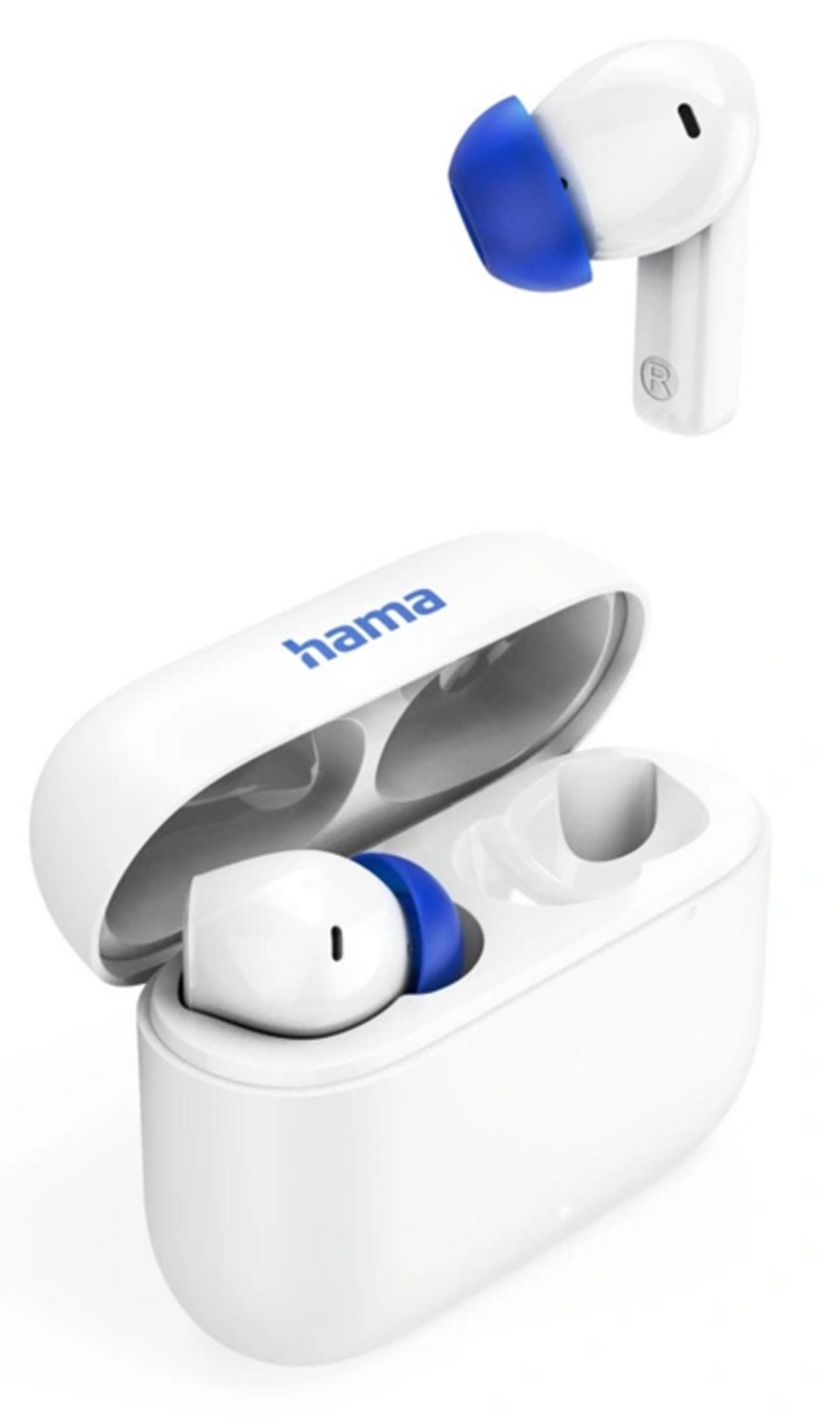 Auricolari wireless Hama bianchi con punte blu in custodia di ricarica aperta e un auricolare esterno.
