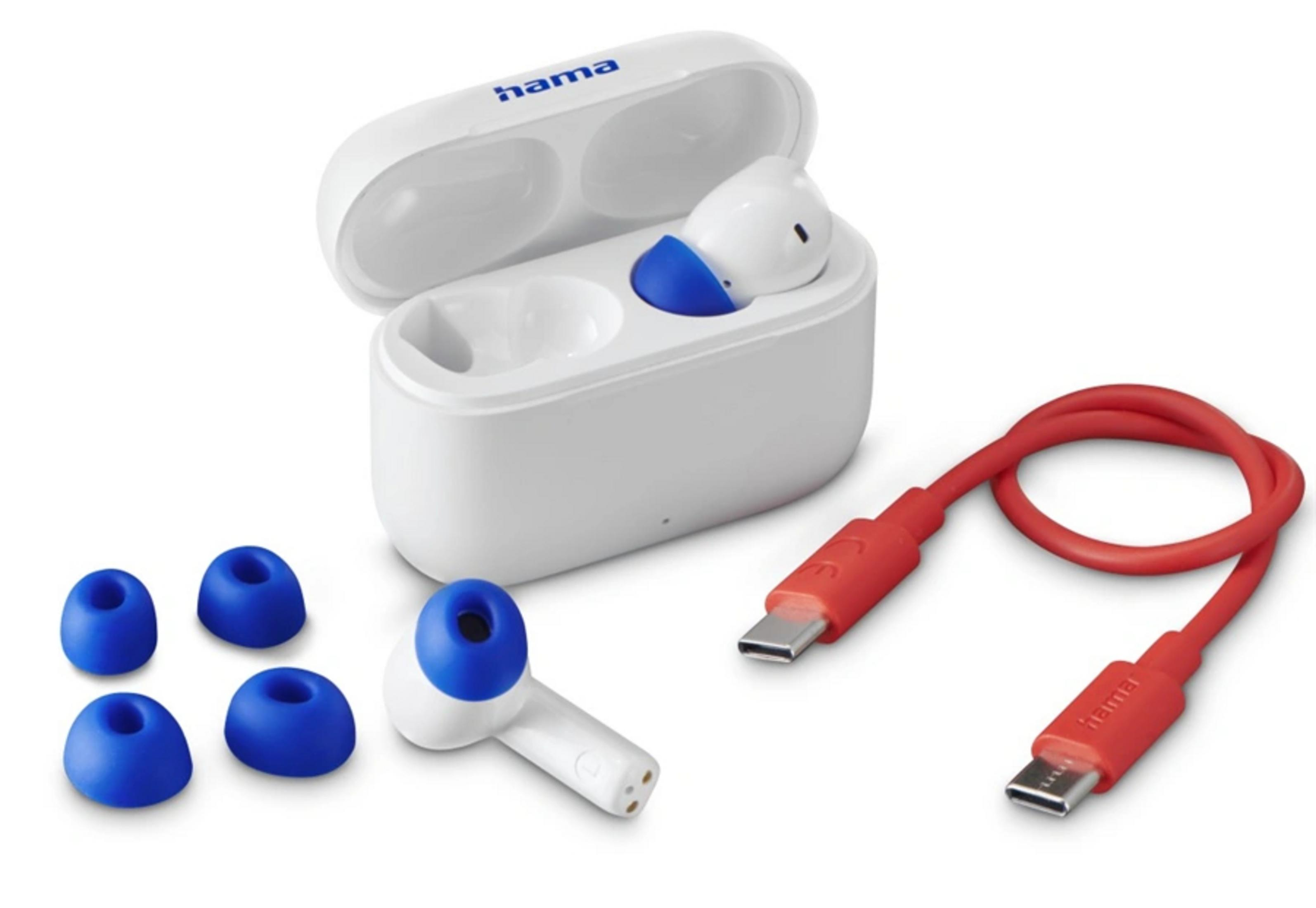 Custodia Hama bianca per auricolari con punte blu, un auricolare e cavo USB-C rosso.