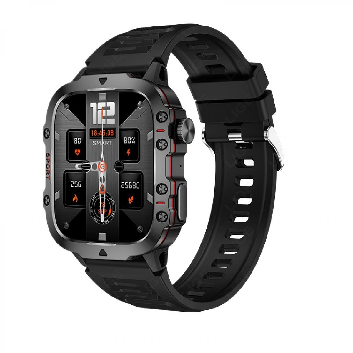 Eine schwarze Smartwatch mit detailliertem Digitaldisplay, die Uhrzeit, Herzfrequenz und Schritte anzeigt.