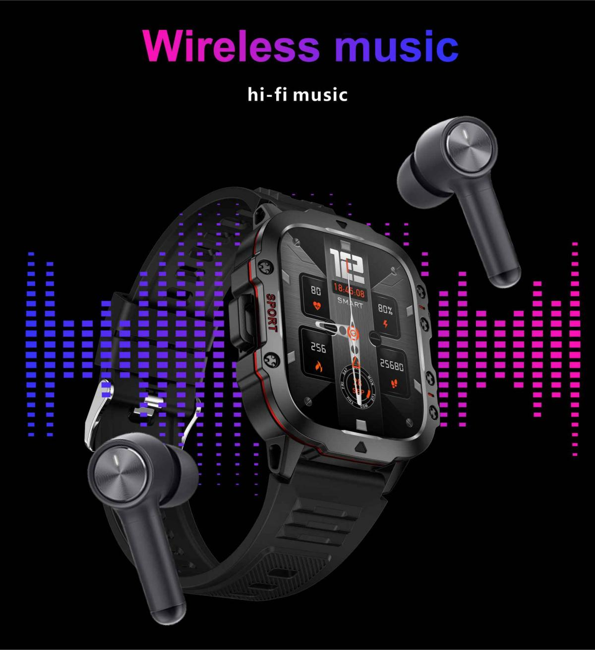 Ein schwarzes Smartwatch mit zwei kabellosen Ohrhörern und Musik-Visualisierung.