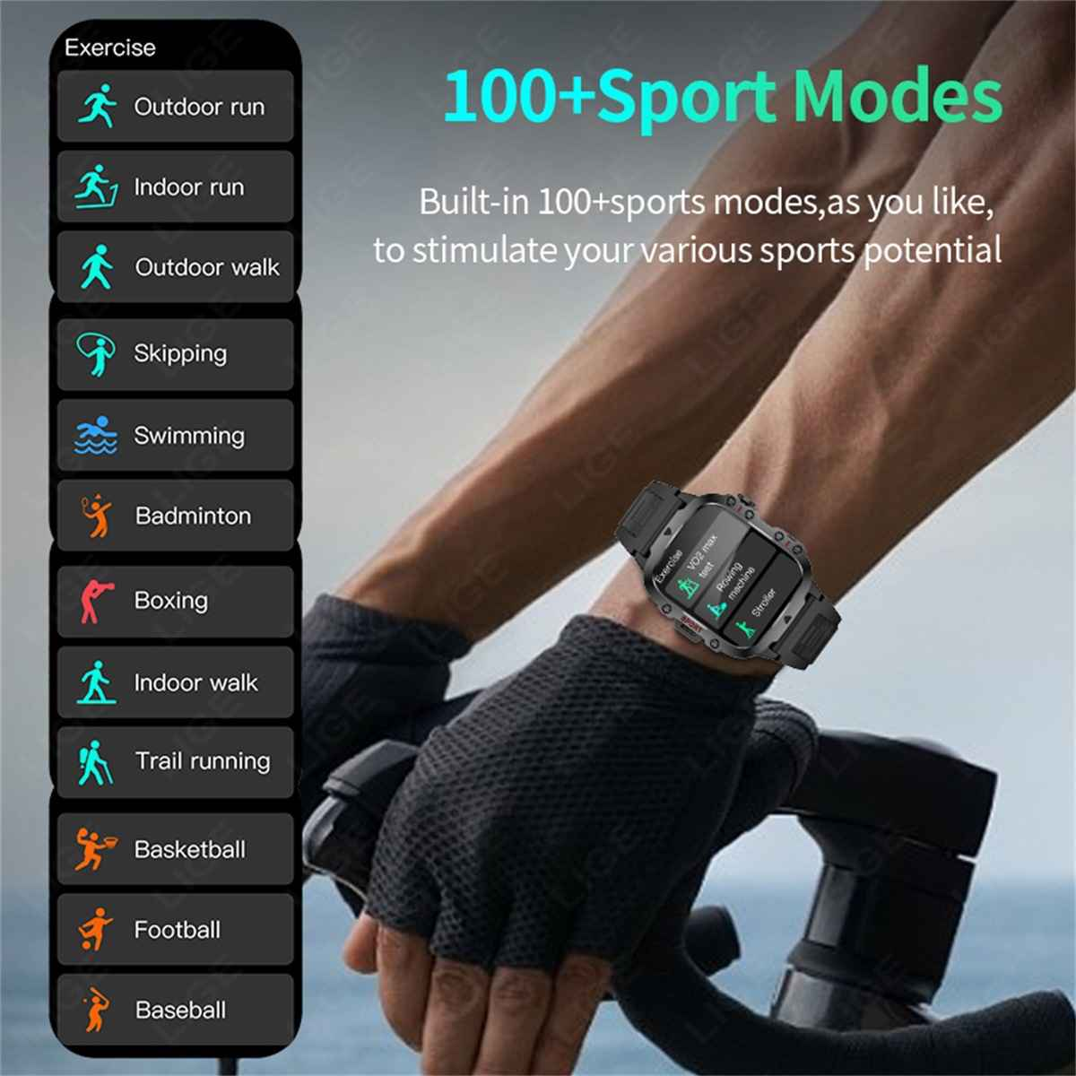 Smartwatch mit über 100 Sportmodi, angezeigt am Handgelenk eines Radfahrers.