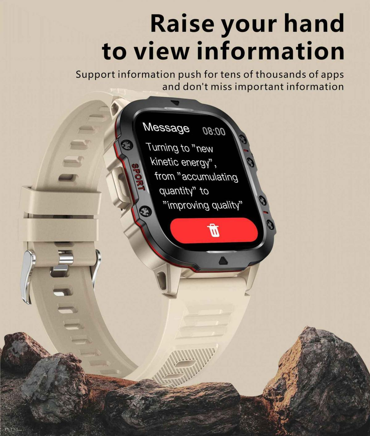 Eine Smartwatch mit beigem Armband zeigt eine Nachricht über kinetische Energie und Qualität.