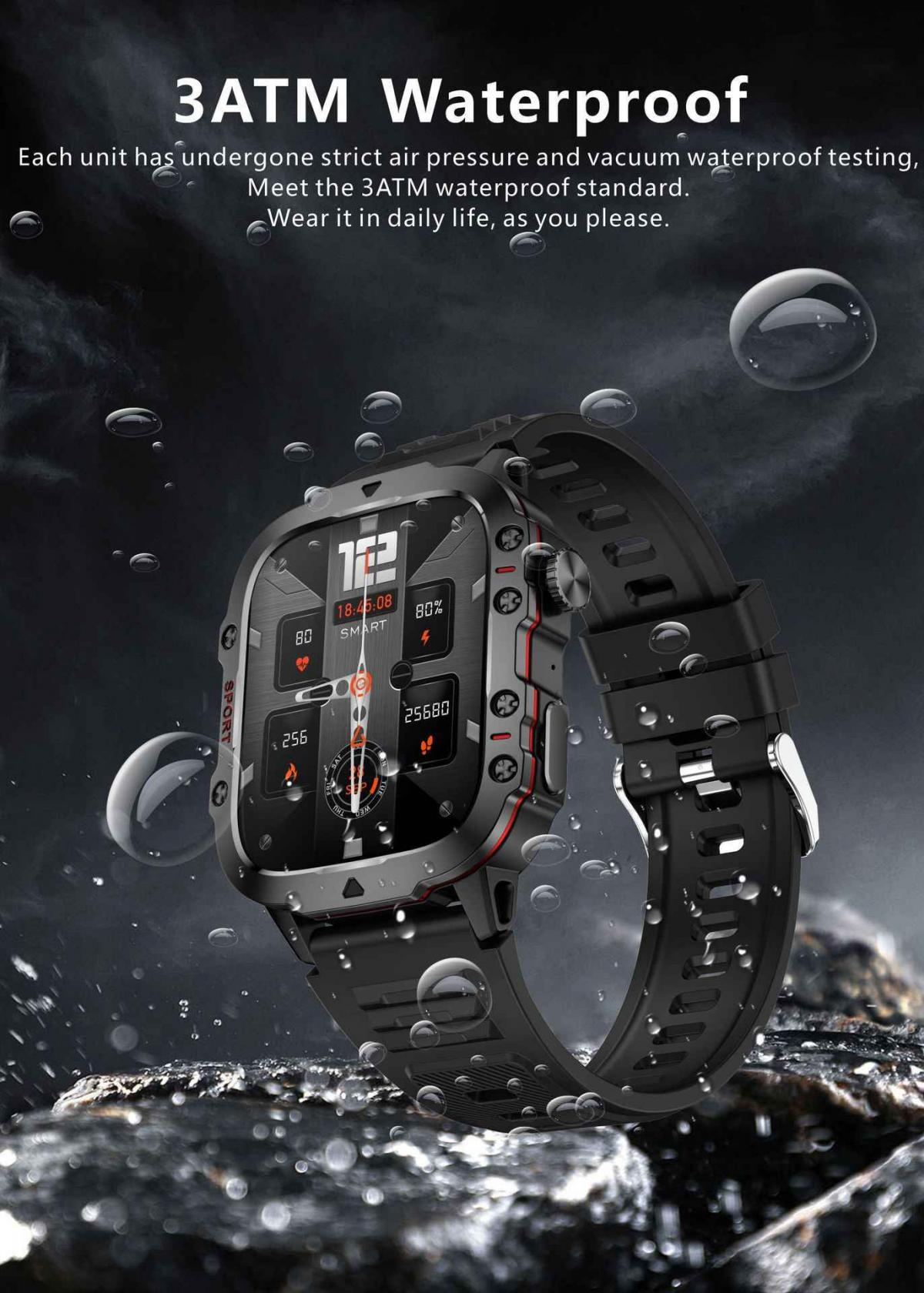 Eine schwarze Smartwatch mit detailliertem Bildschirm, die Zeit und Gesundheitsstatistiken anzeigt.