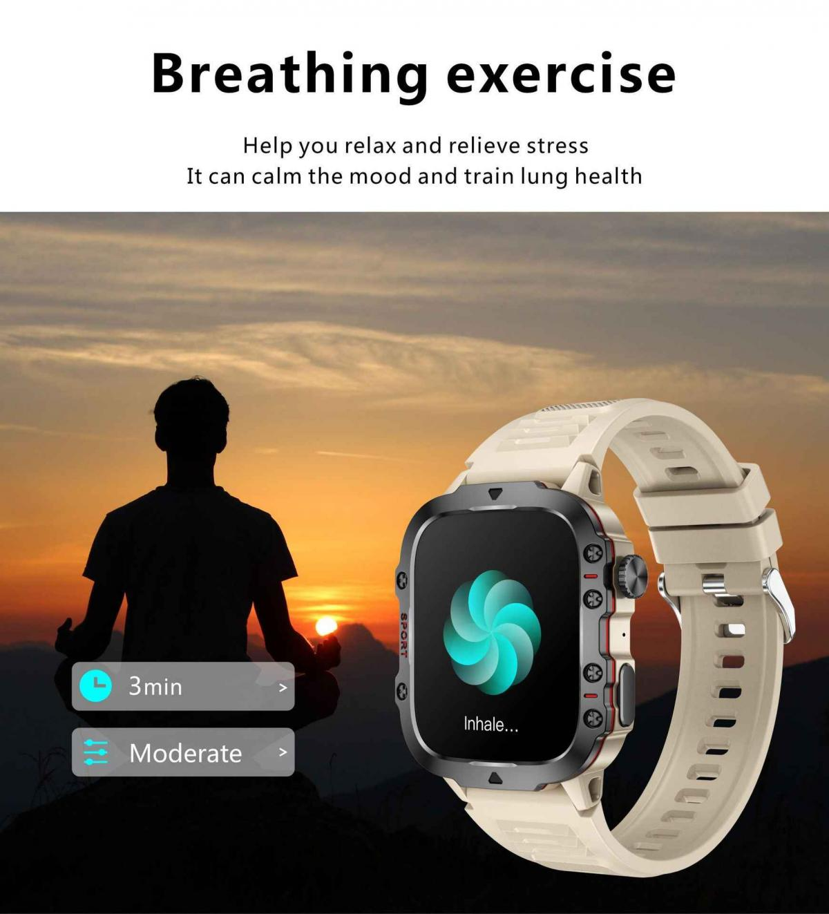 Smartwatch zeigt Atemübung mit einer Silhouette, die bei Sonnenuntergang meditiert.