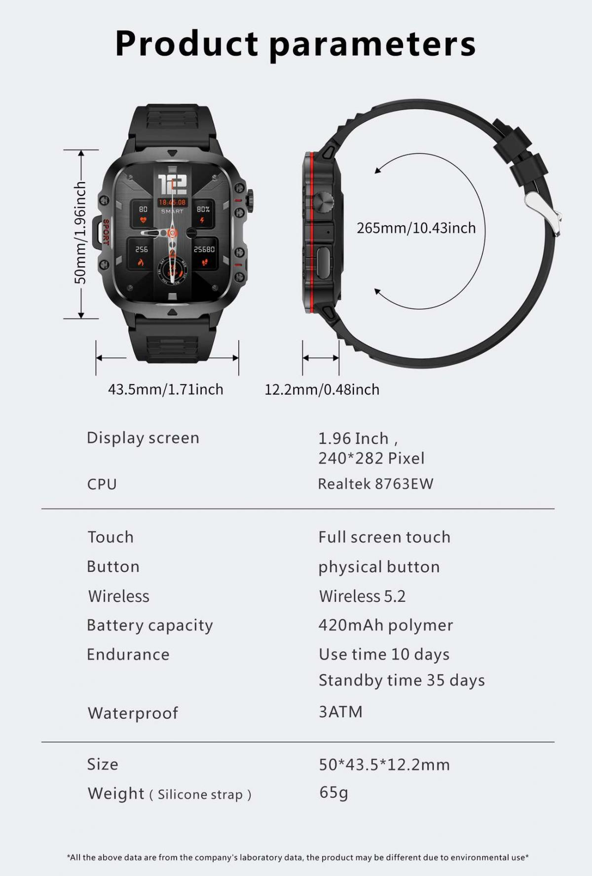 Smartwatch-Spezifikationen: 1,96-Zoll-Display, 420-mAh-Akku, 3 ATM wasserdicht, 65 g.