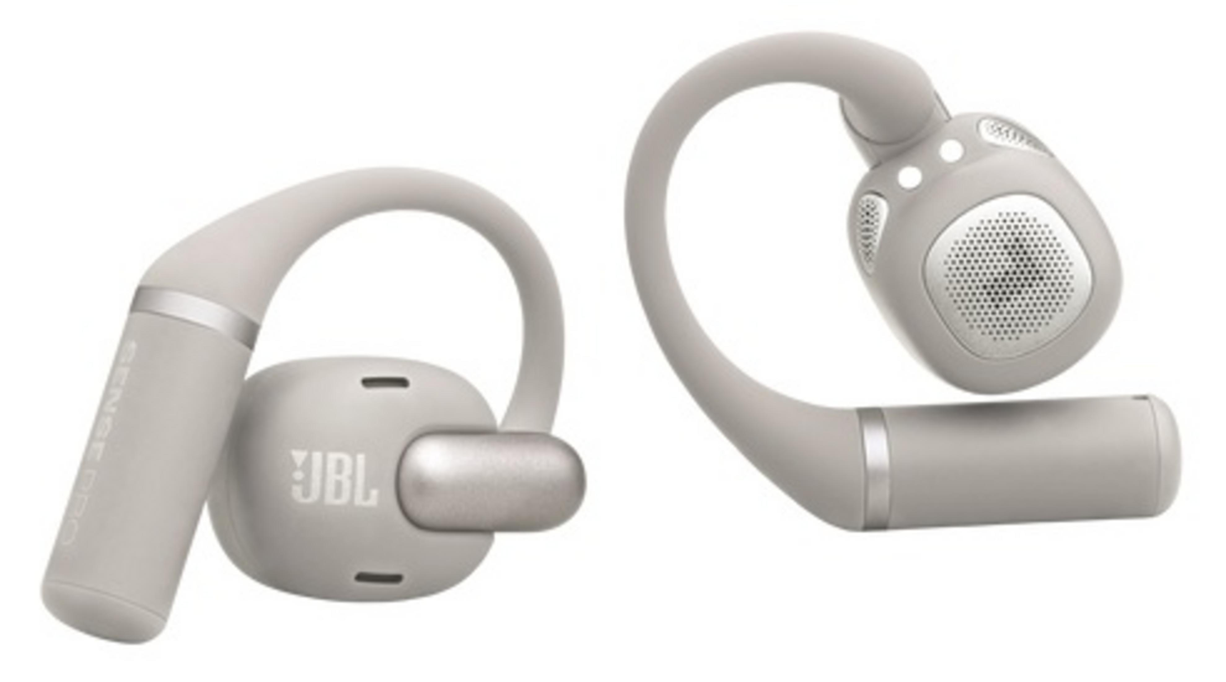 Due cuffie JBL grigie con fascia sopra l'orecchio e ganci auricolari.