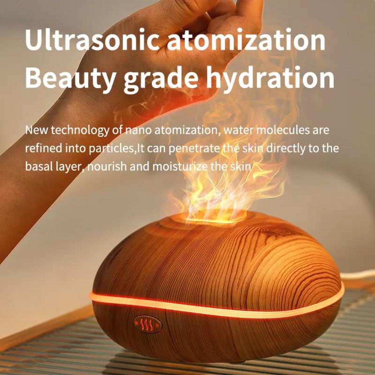 Ein hölzerner Luftbefeuchter gibt Nebel ab, mit Text über Ultraschallatomisierung und Hautfeuchtigkeit.