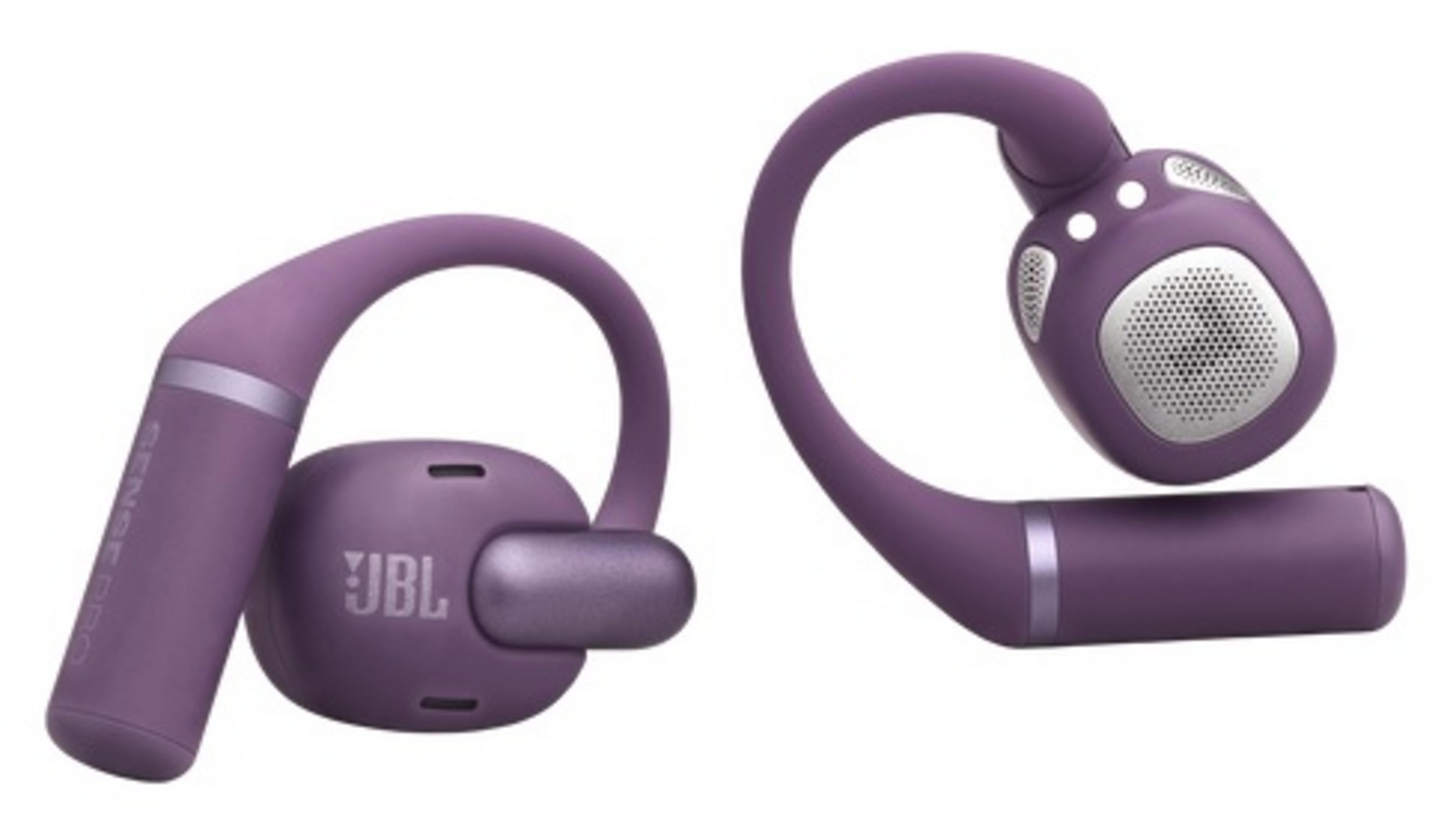 Due auricolari JBL viola mostrati di lato su sfondo bianco.