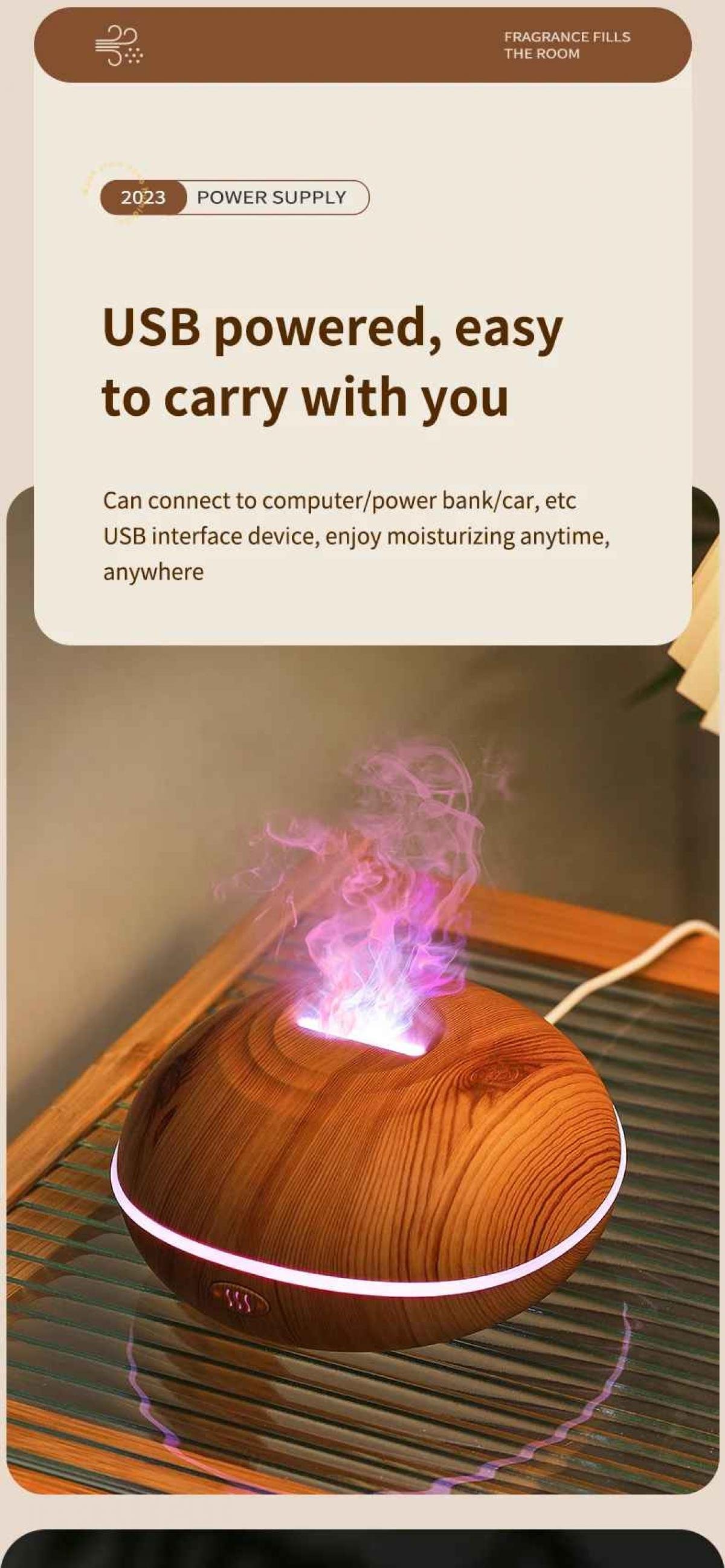 Hölzerner Luftbefeuchter mit rosa Nebel und LED-Licht, USB-betrieben.