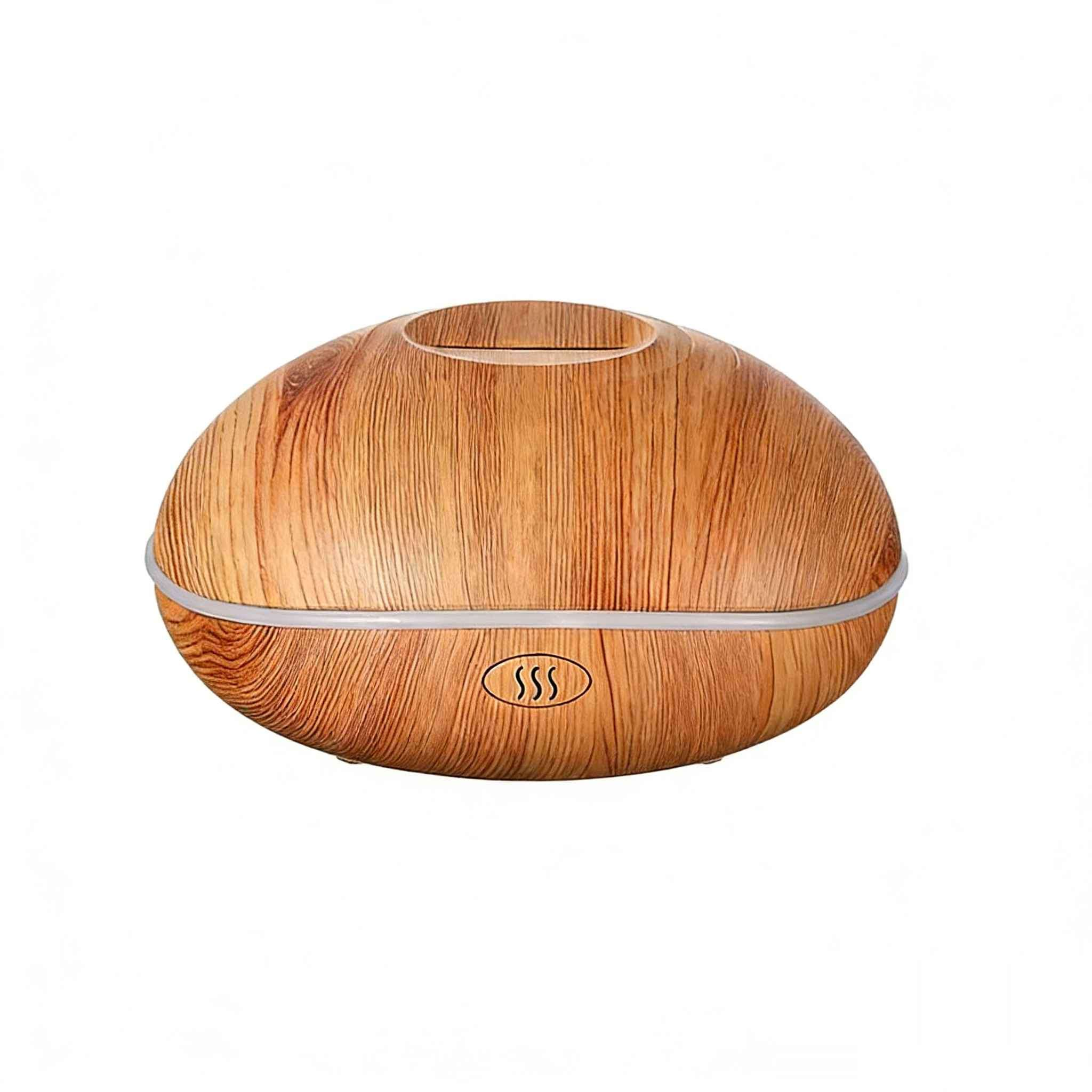 Ein Diffusor in Holzoptik mit einem silbernen Streifen und drei Wellenlinien.