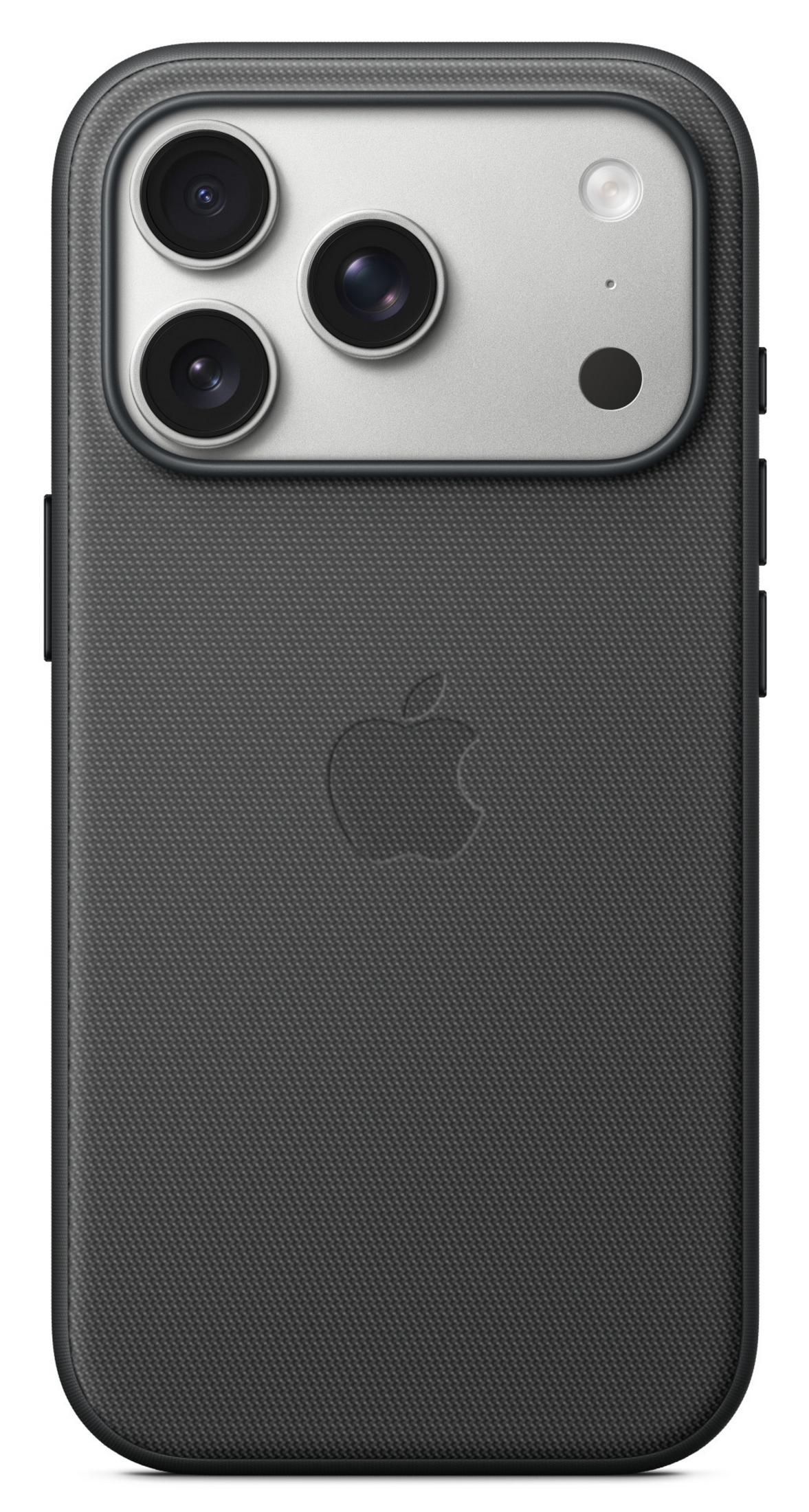 Retro di un iPhone grigio scuro con finitura testurizzata e triplo sistema di fotocamere.