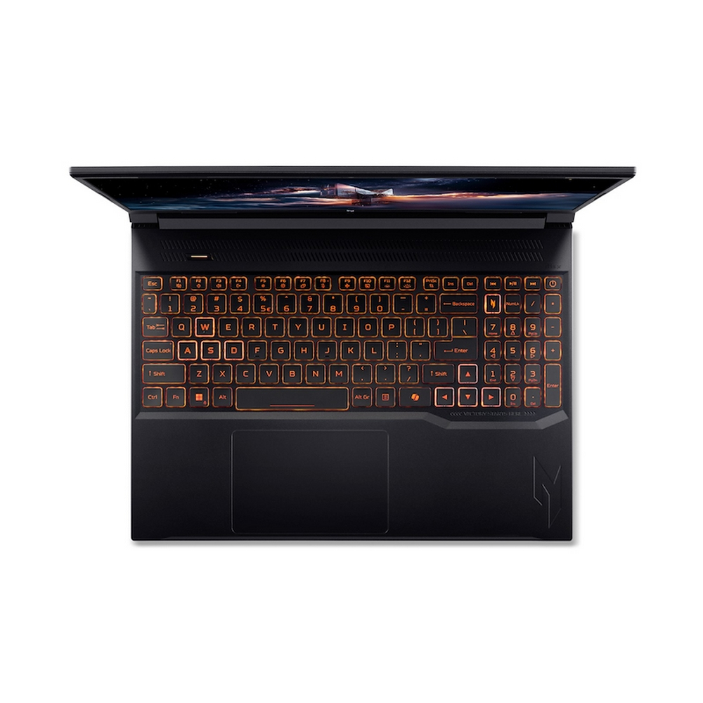 Un laptop nero con tasti arancioni illuminati e uno sfondo a tema spaziale sullo schermo.