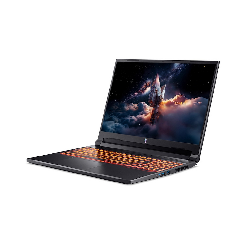 Un laptop nero con tastiera retroilluminata arancione mostra una scena spaziale con un razzo.