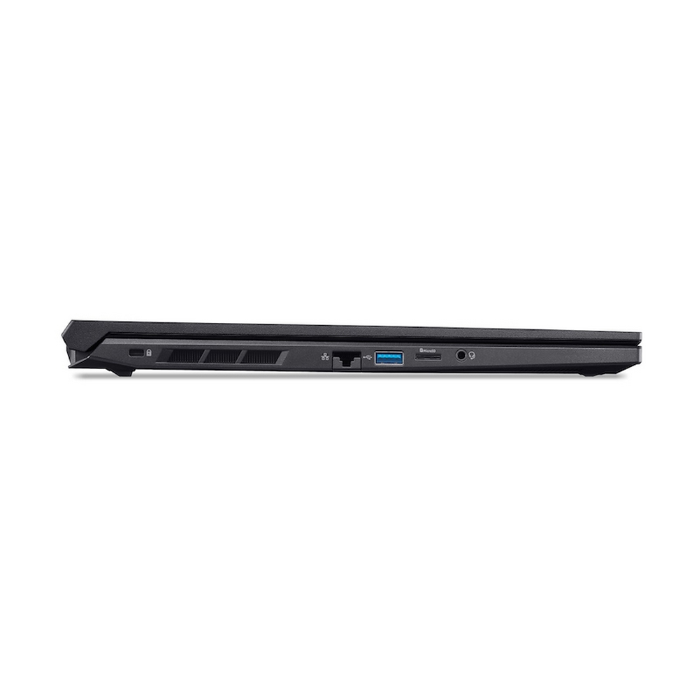 Una porta del laptop nera in profilo laterale che mostra connessioni USB e audio.