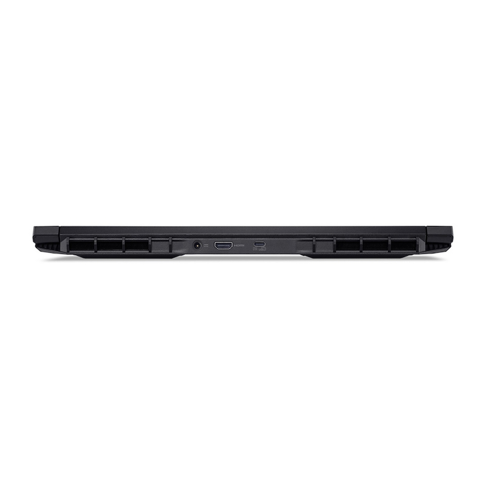 Primo piano del lato sinistro di un laptop nero che mostra le porte.