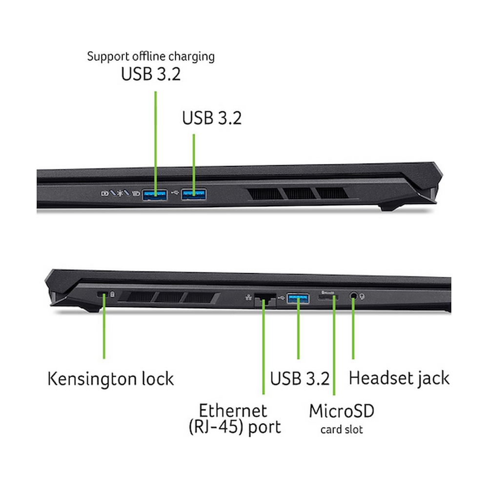 Vista laterale di un laptop che mostra porte USB, Ethernet e blocco Kensington.