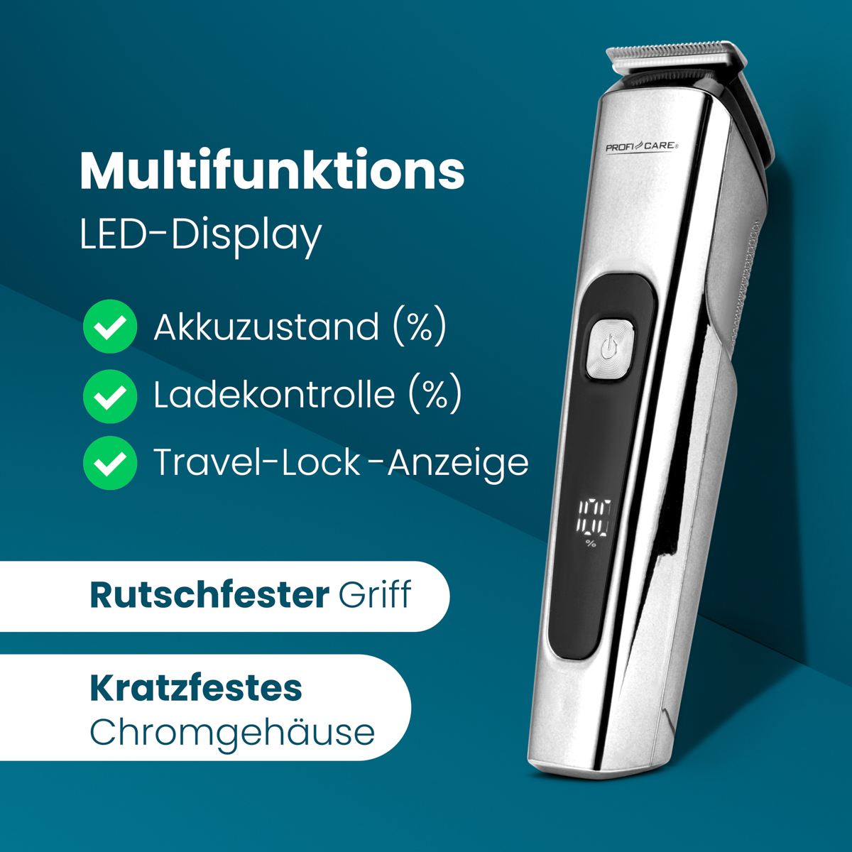 Silberner elektrischer Trimmer mit LED-Anzeige für Akkustand und Funktionen.