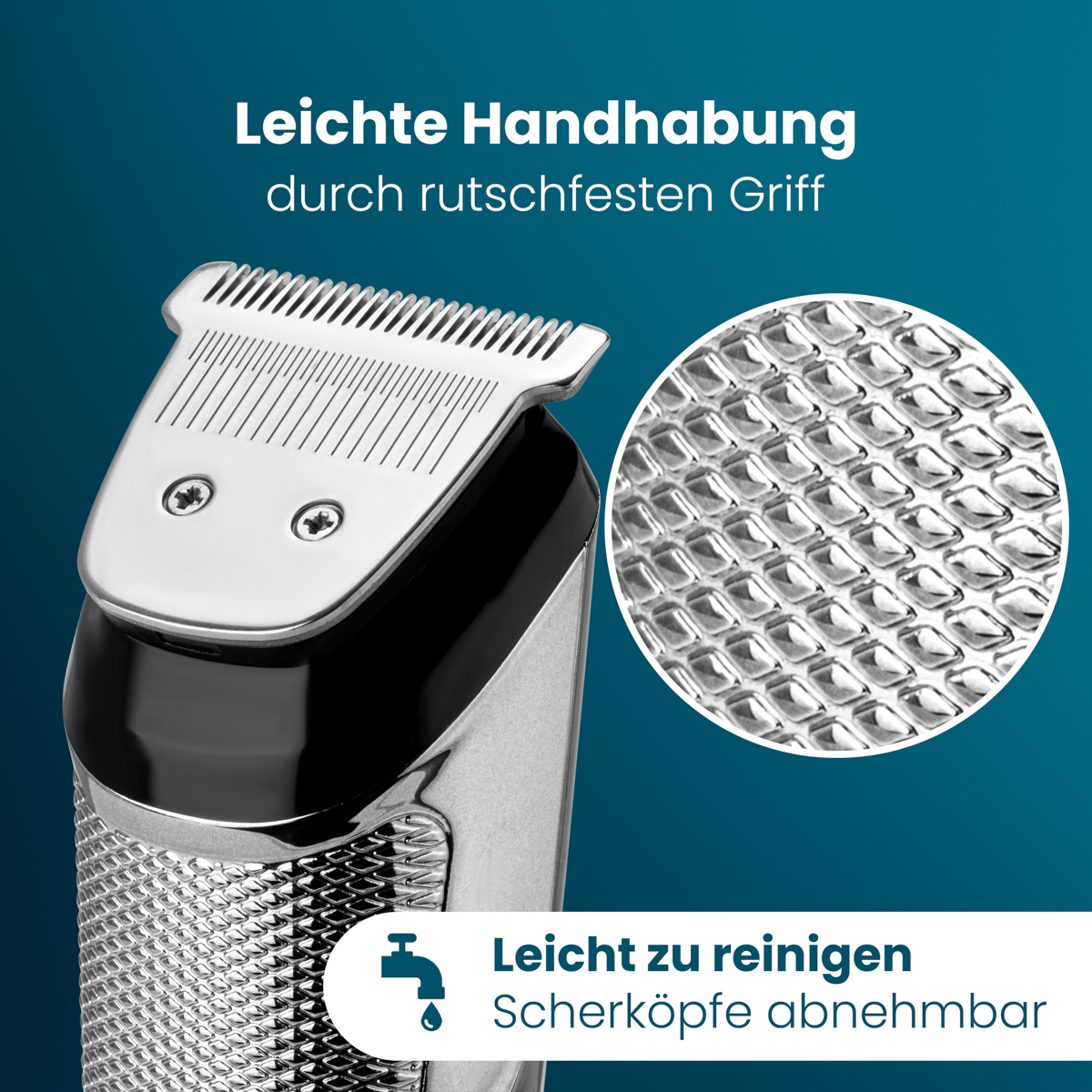 Nahaufnahme eines Trimmers mit silbernen Klingen und rutschfestem Griff.