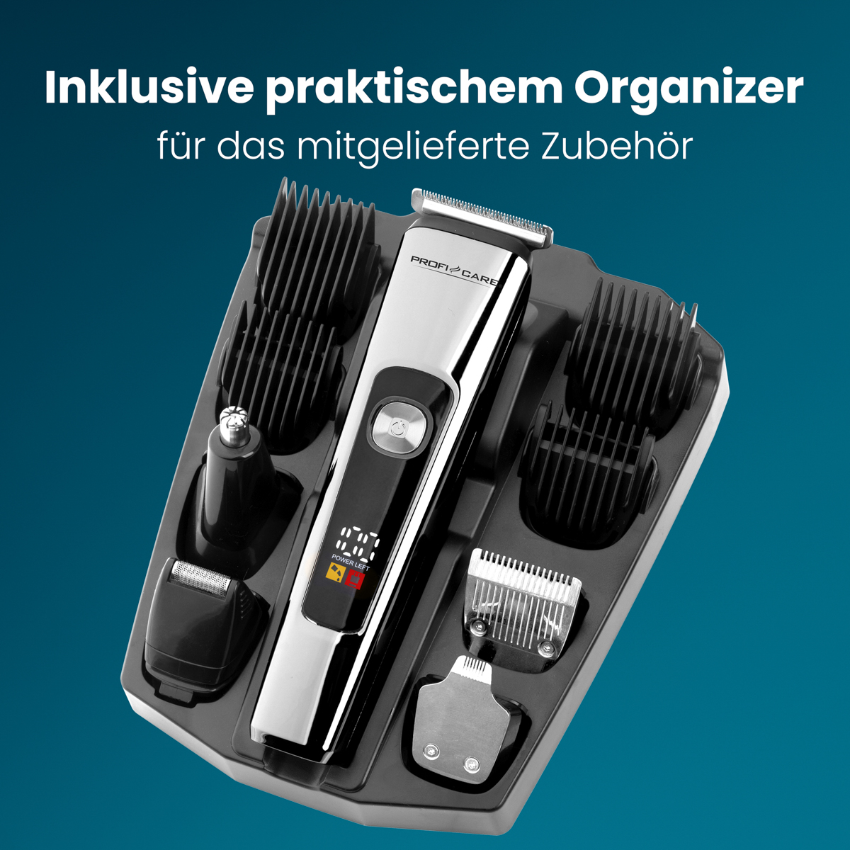 Ein silberner und schwarzer Haarschneider-Set mit verschiedenen Aufsätzen in einer schwarzen Halterung.