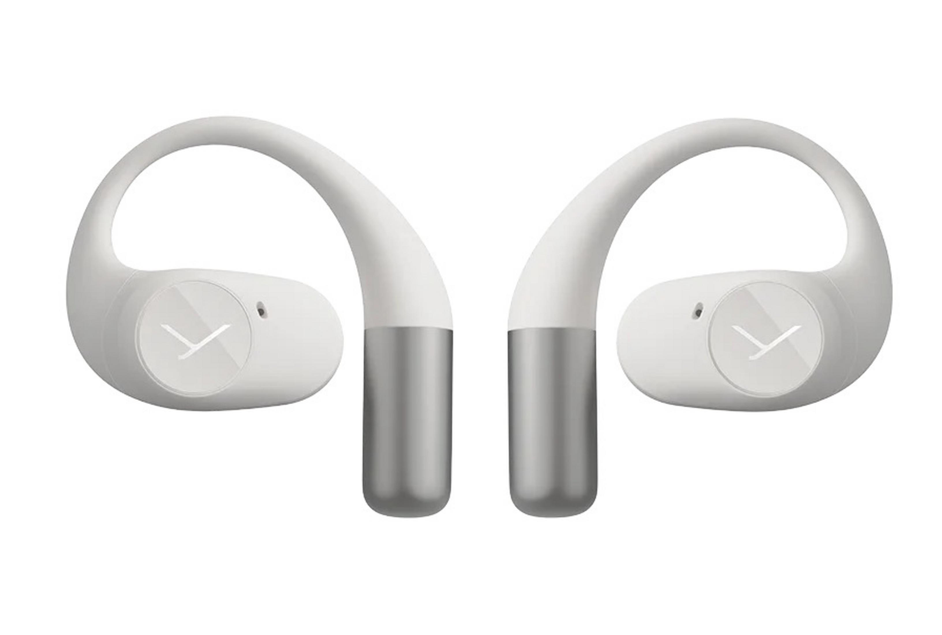 Due auricolari bianchi con punte argentate su sfondo bianco.