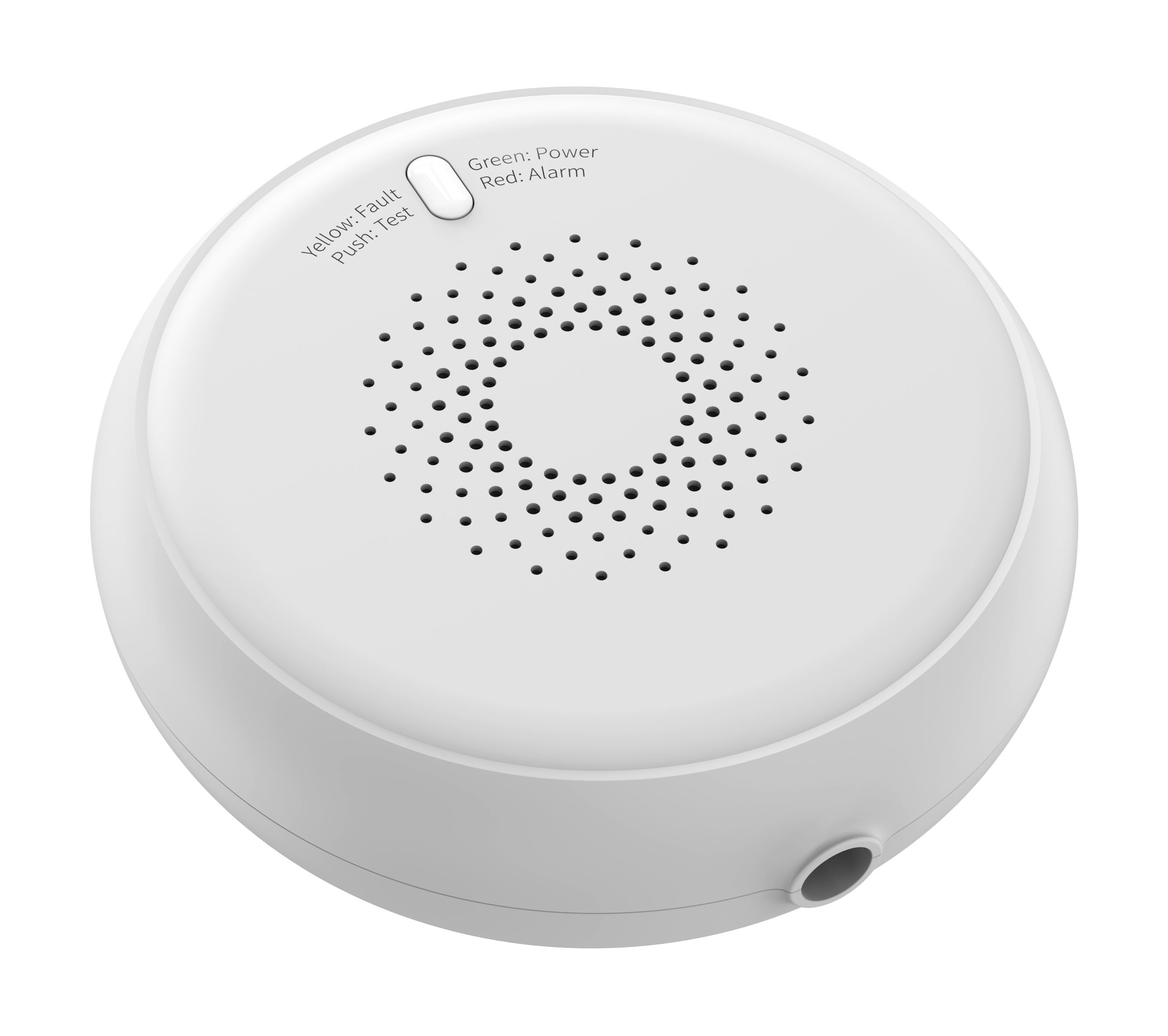 Weißer Rauchmelder mit Testknopf und Lautsprechergrill. Text zeigt Grün für Strom, Rot für Alarm.