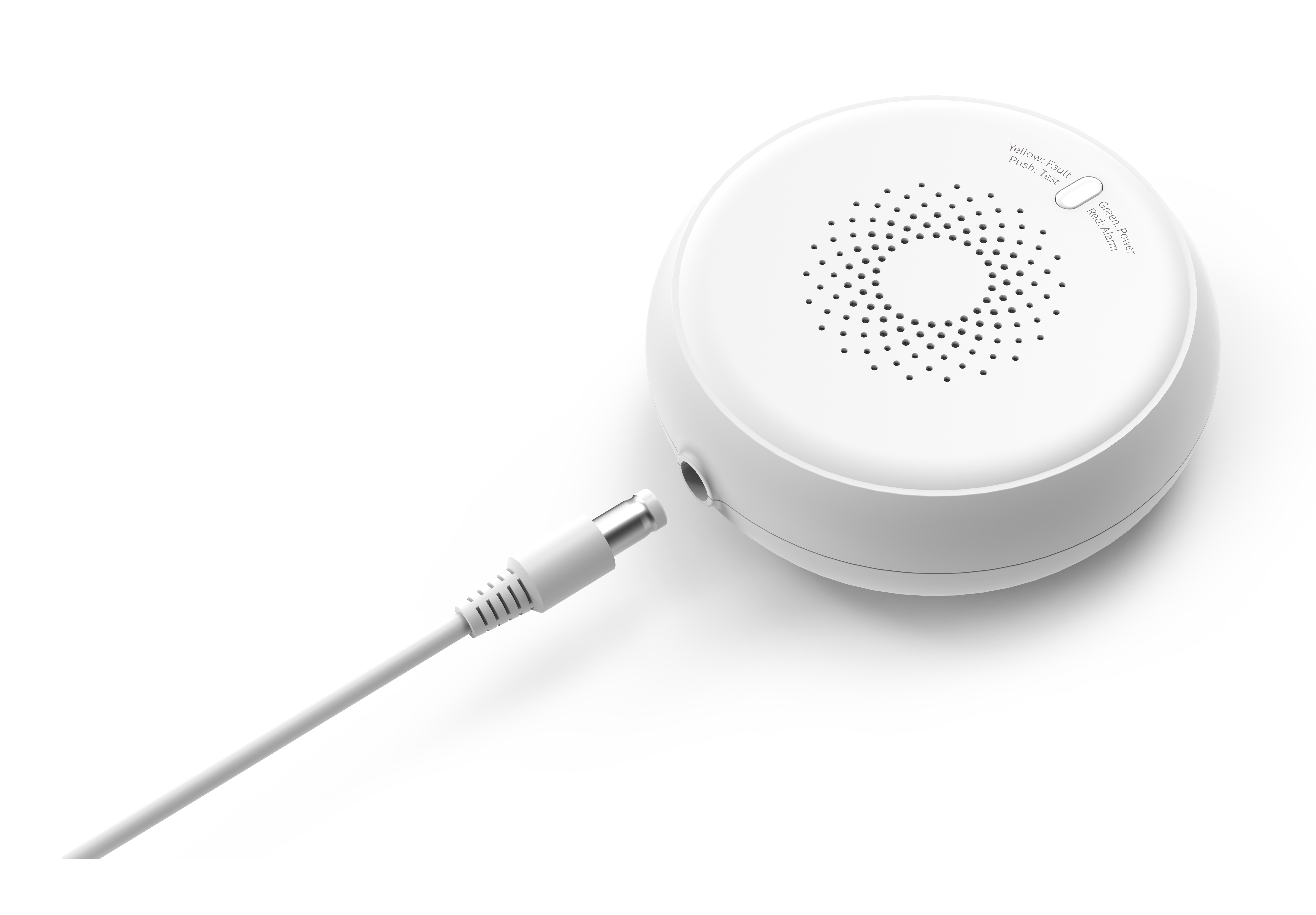 Ein weißer Rauchmelder mit einem weißen Kabel, das eingesteckt wird.