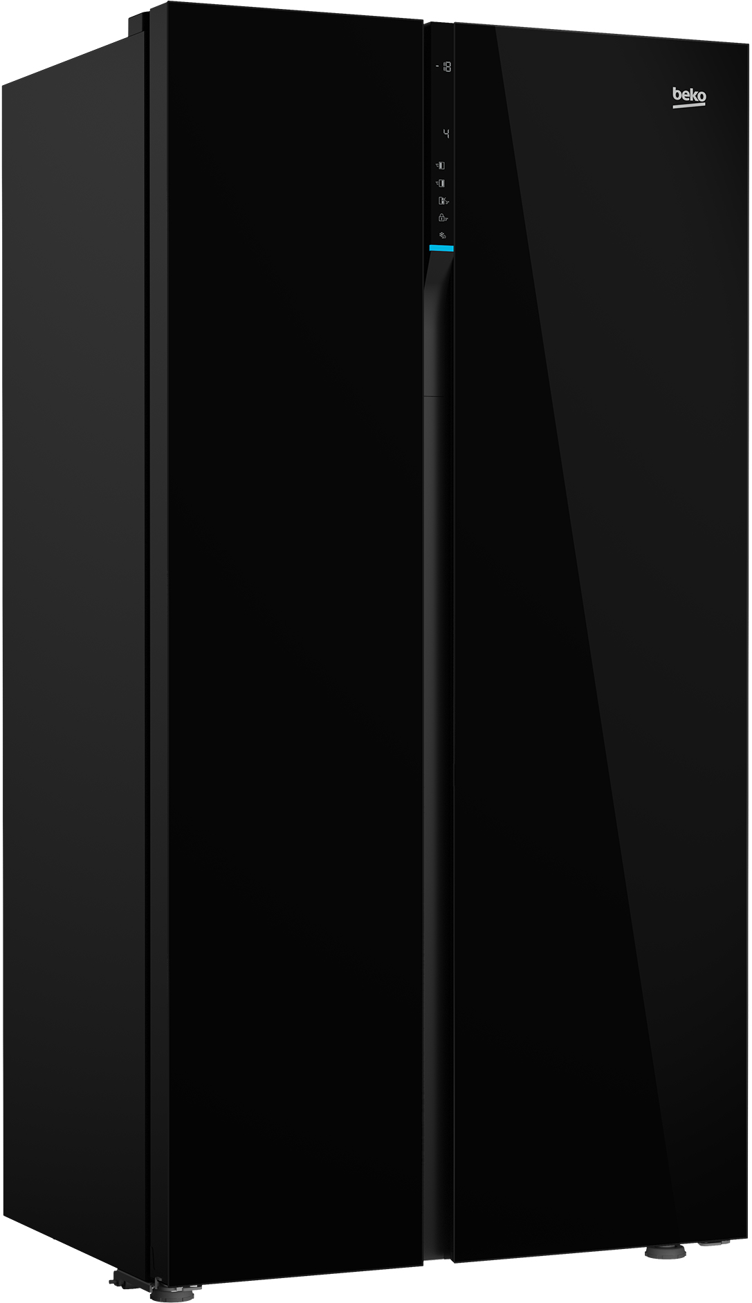 Un moderno frigorifero Beko nero con porte affiancate e display digitale.