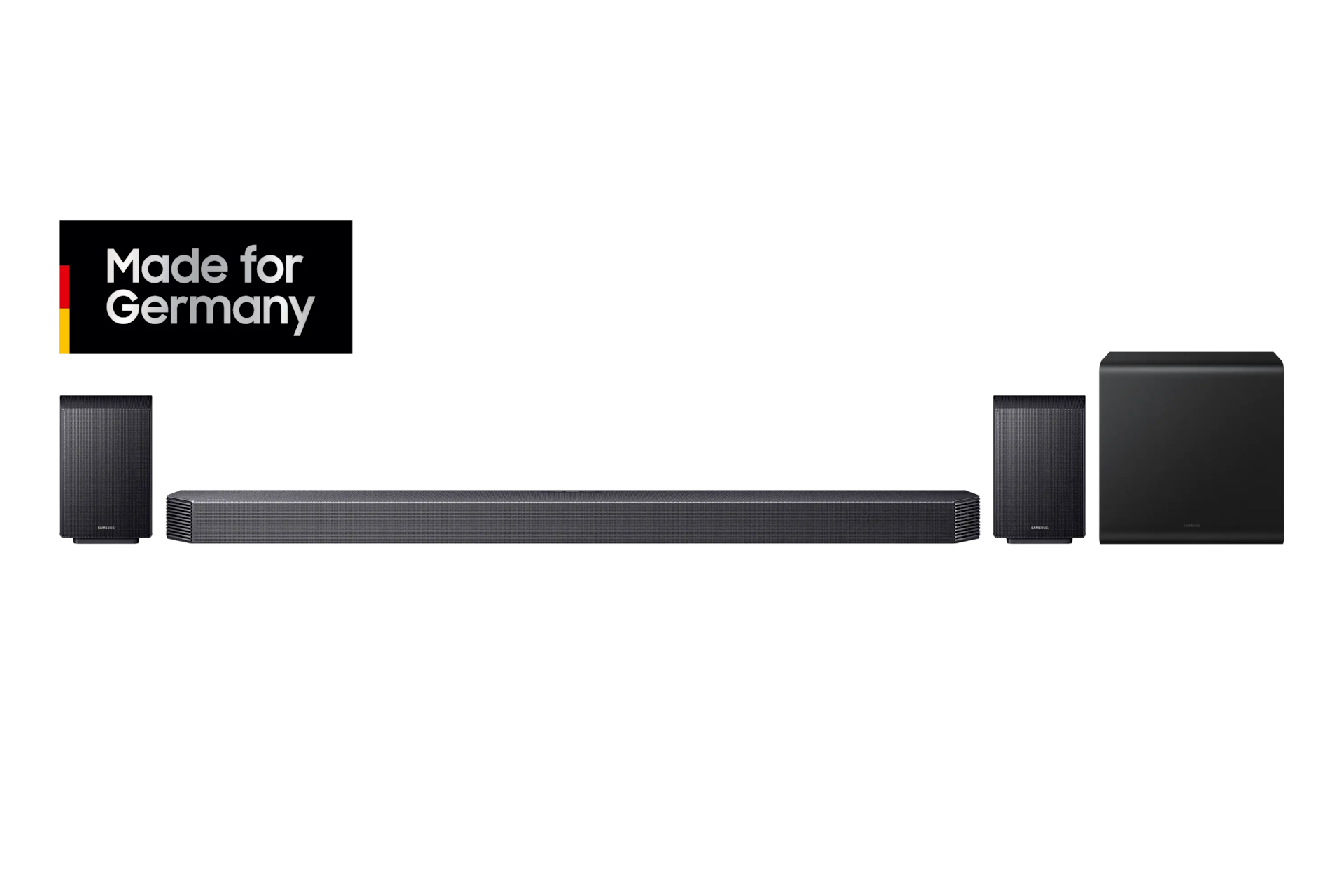 System soundbarów Samsung z dwoma głośnikami i subwooferem na czarnym tle.