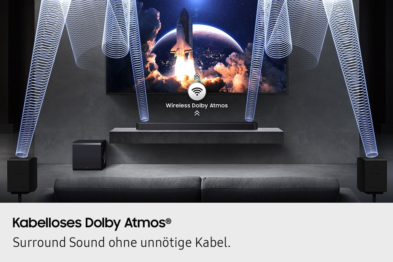 Zestaw kina domowego z soundbarem, subwooferem i głośnikami, pokazujący fale Dolby Atmos.