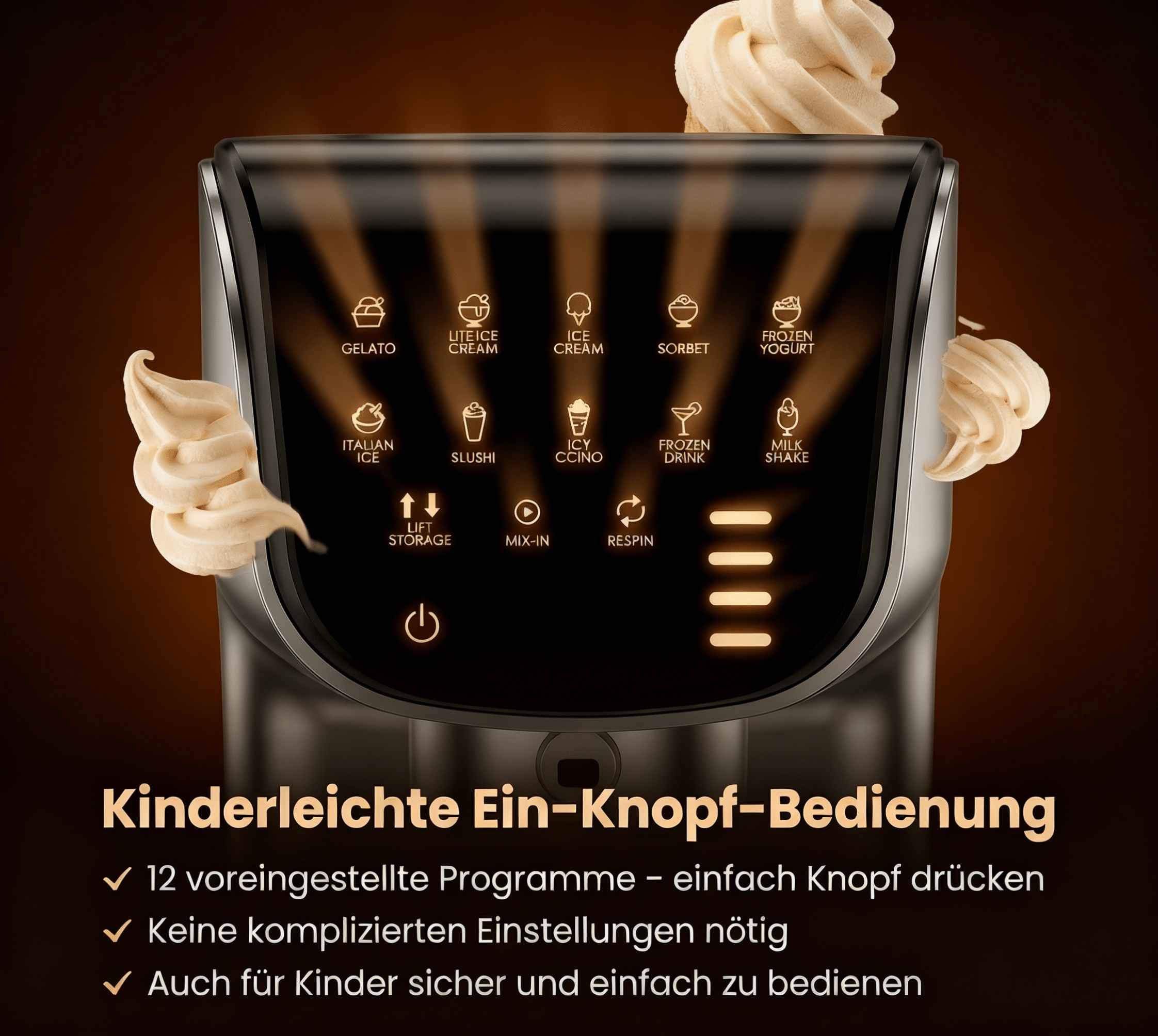 Eismaschine mit Touchscreen zeigt 12 Optionen: Gelato, Lite Ice Cream, Ice Cream, Sorbet, Frozen Yogurt.