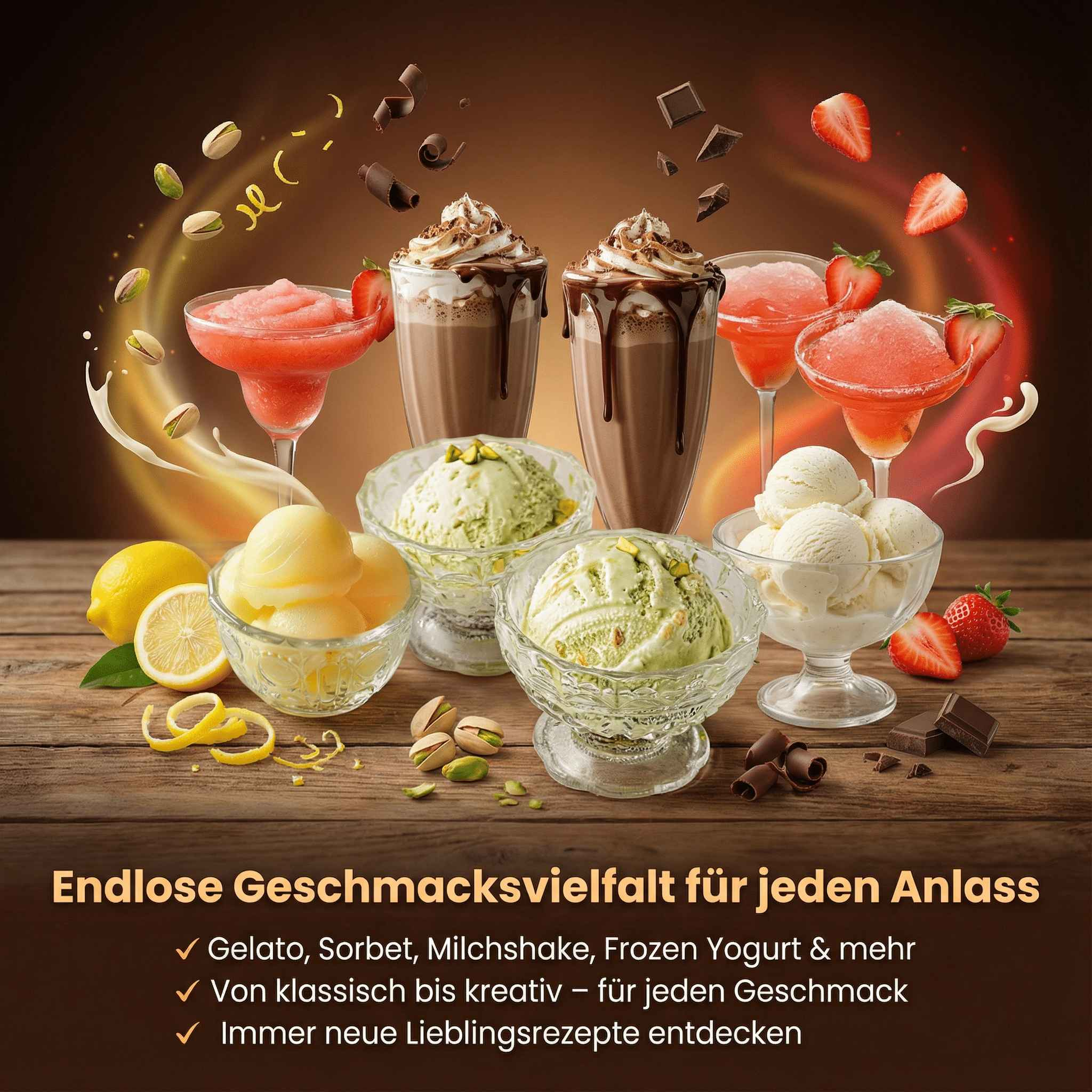 Desserts: Eis, Sorbet, Milchshakes, gefrorener Joghurt, Zitronen, Erdbeeren, Pistazien.