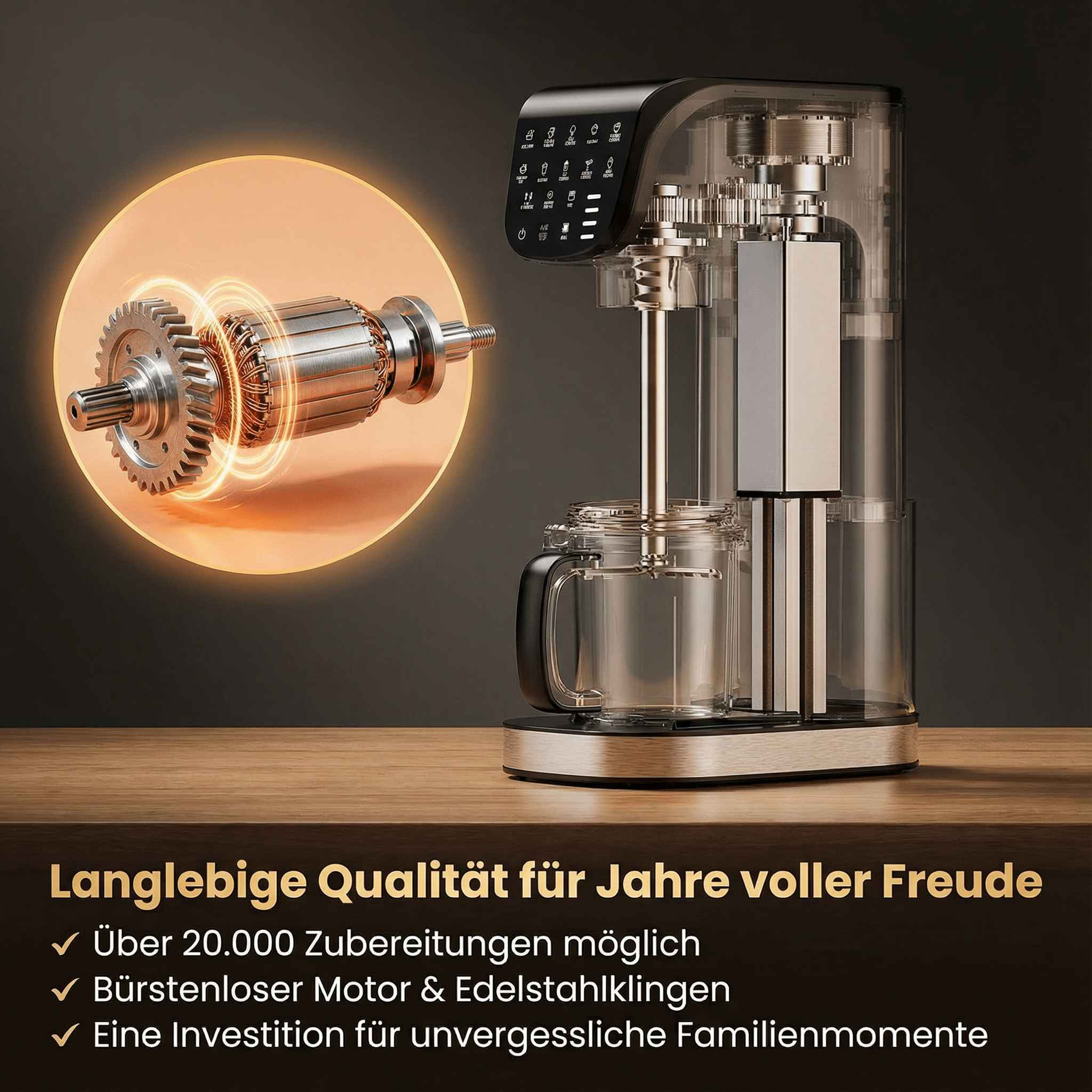 Ein Mixer mit transparentem Behälter und Detailaufnahme eines Motors mit Zahnrädern.
