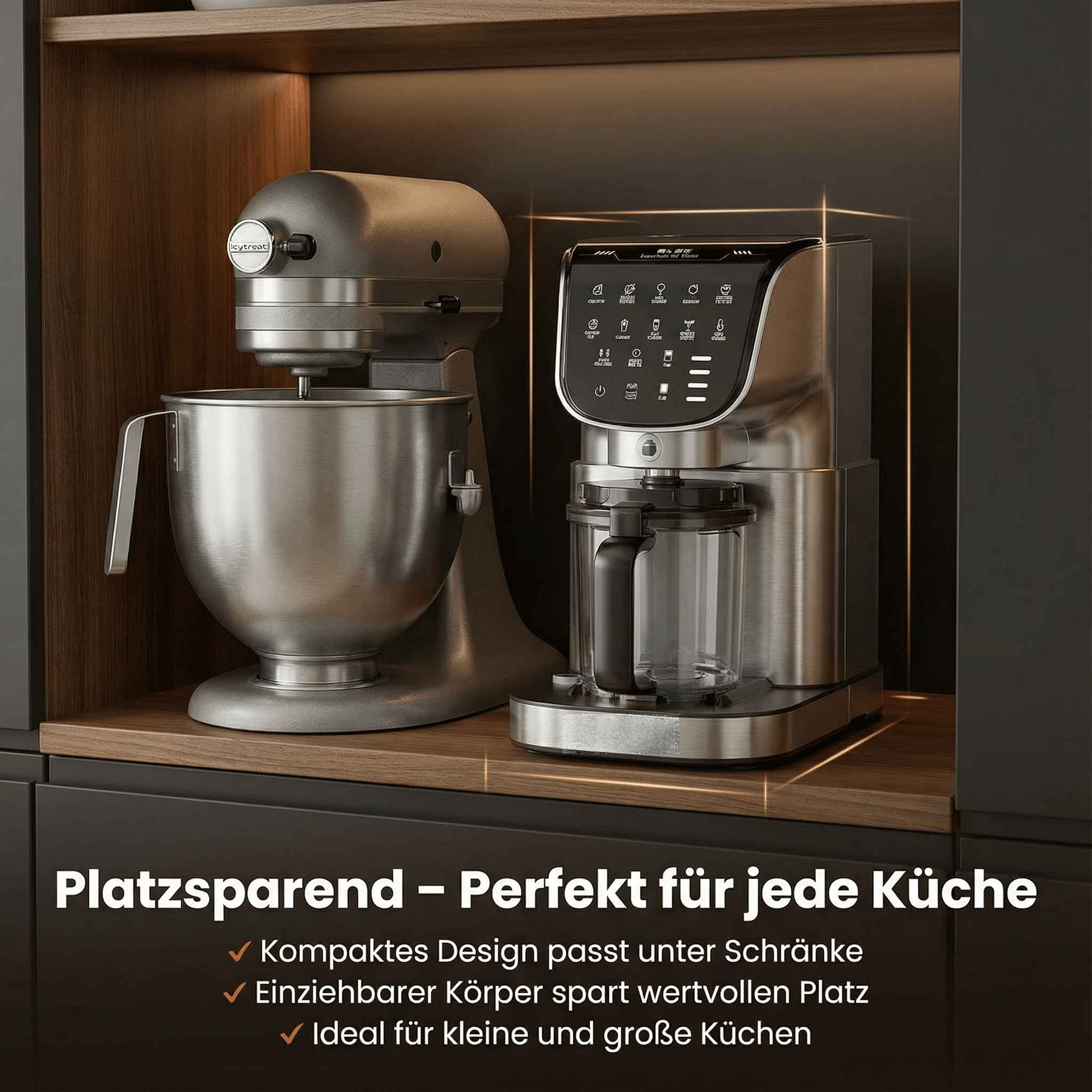 Zwei Küchenmaschinen auf einem Holzregal, eine silberne und eine graue.
