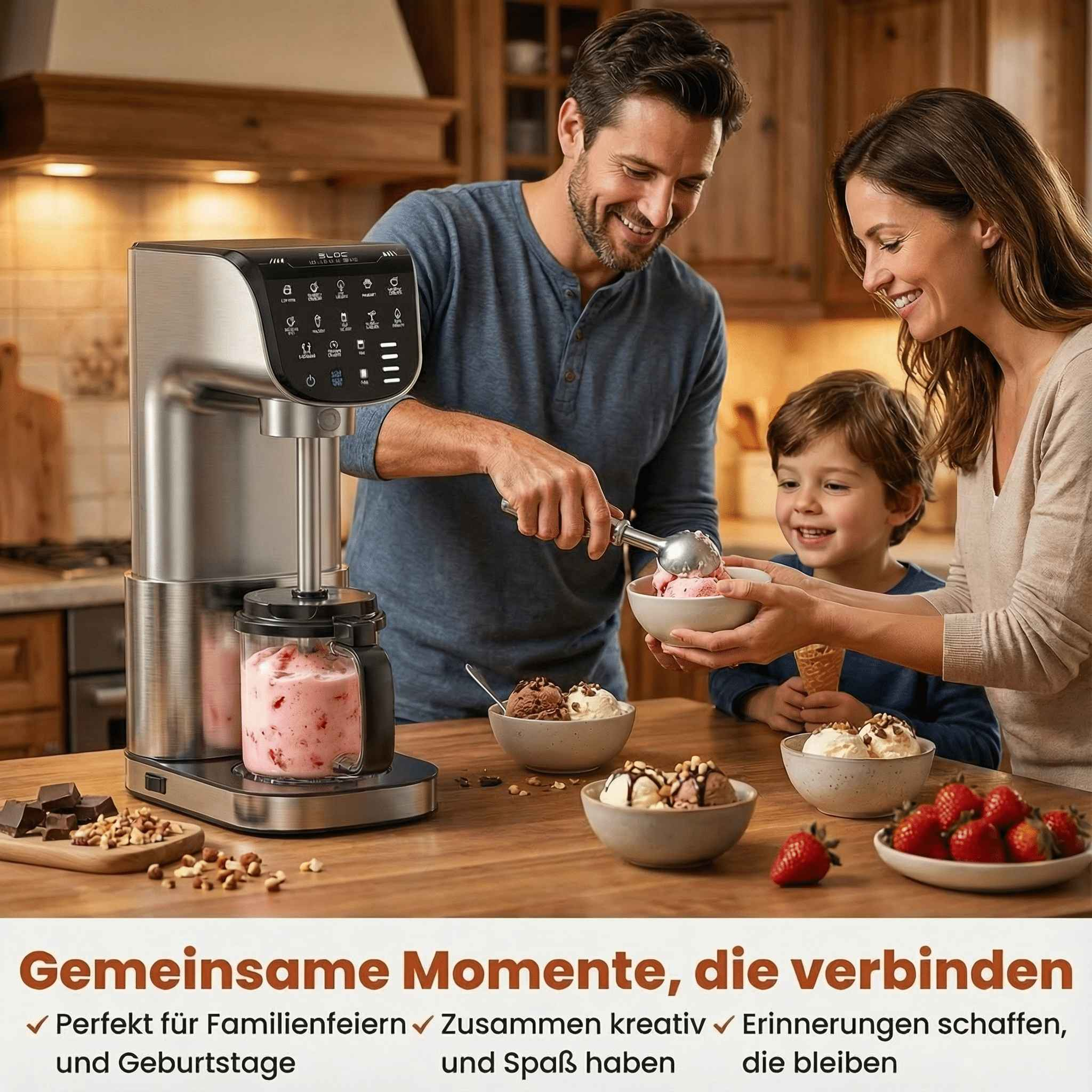 Familie macht Eiscreme zusammen an einem Holztisch mit einer Eismaschine.