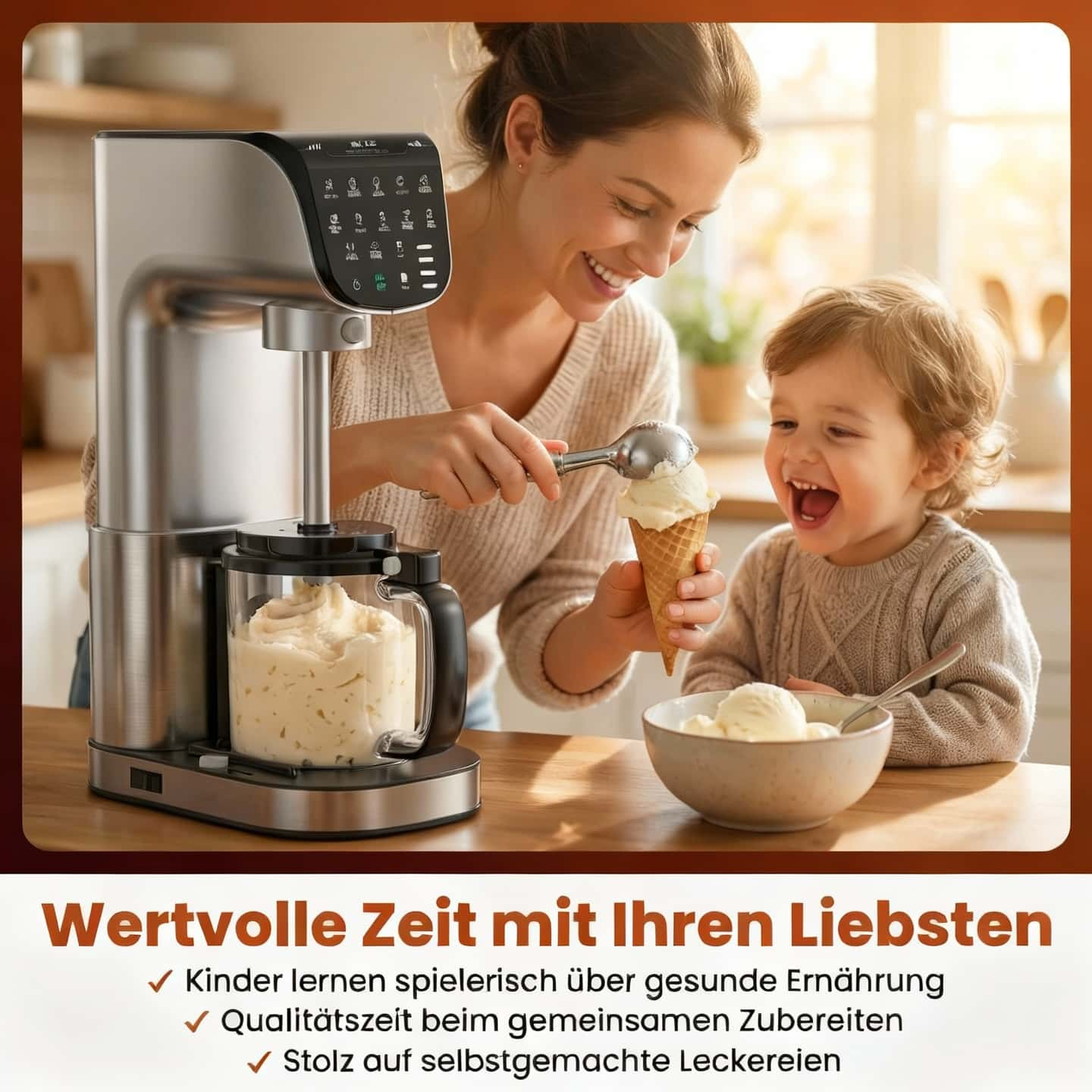 Eine Frau schöpft Eis für ein lachendes Kind. Eine Eismaschine steht auf der Theke.