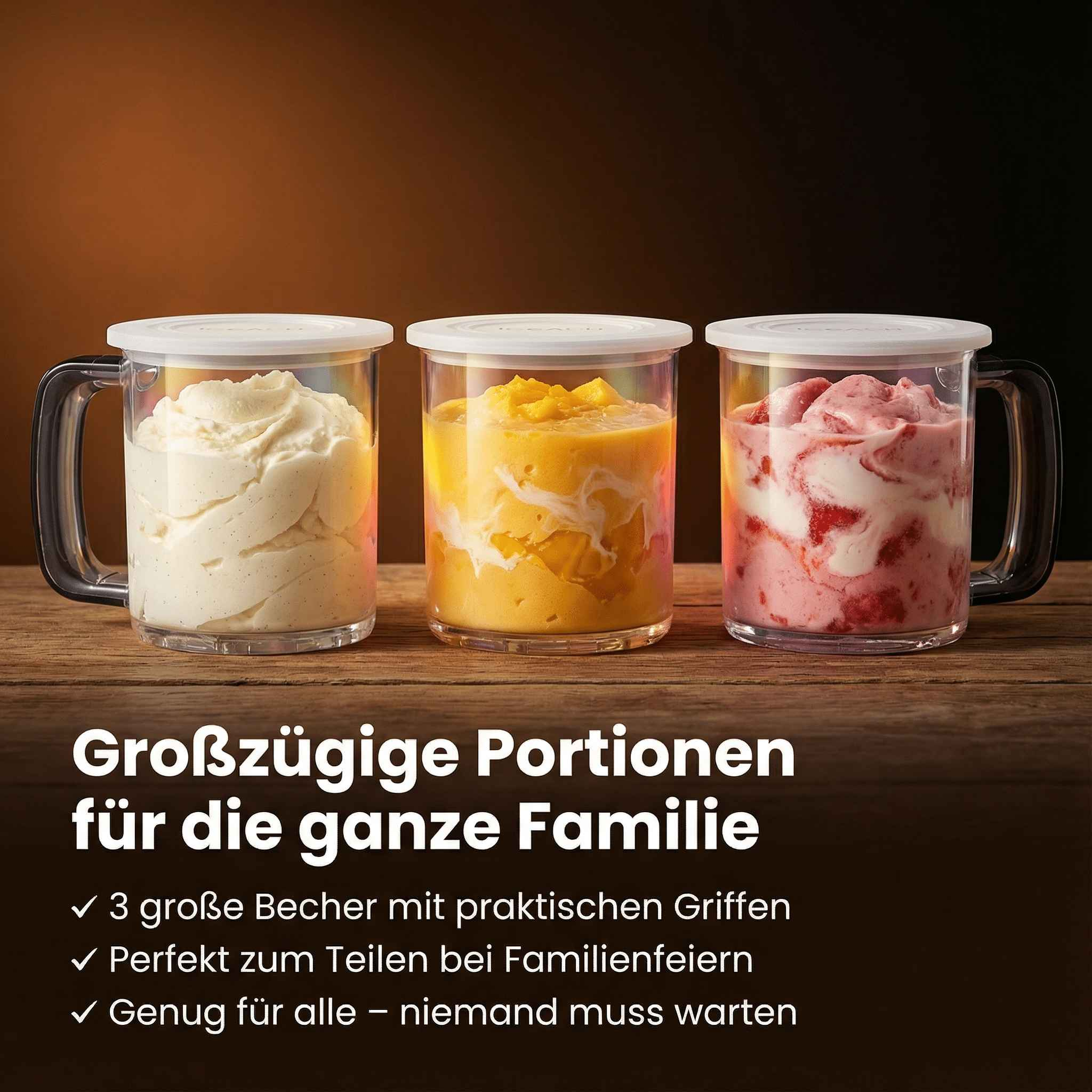 Drei klare Becher mit weißen Deckeln, gefüllt mit Desserts: Vanille, Mango und Erdbeer.